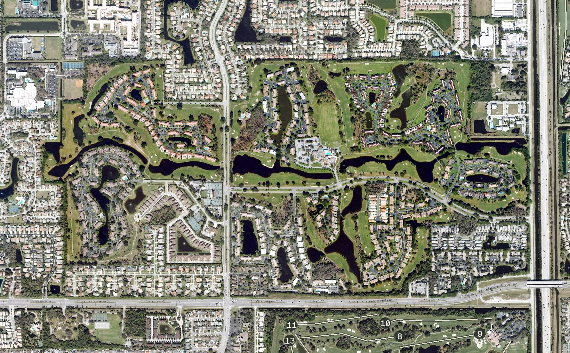 Aerial view of Boca Lago Country Club, FL, with its hole routing marked