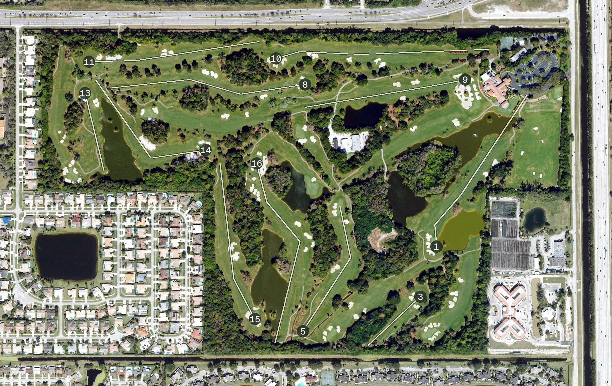 Aerial view of Boca Rio Golf Club, FL, with its hole routing marked