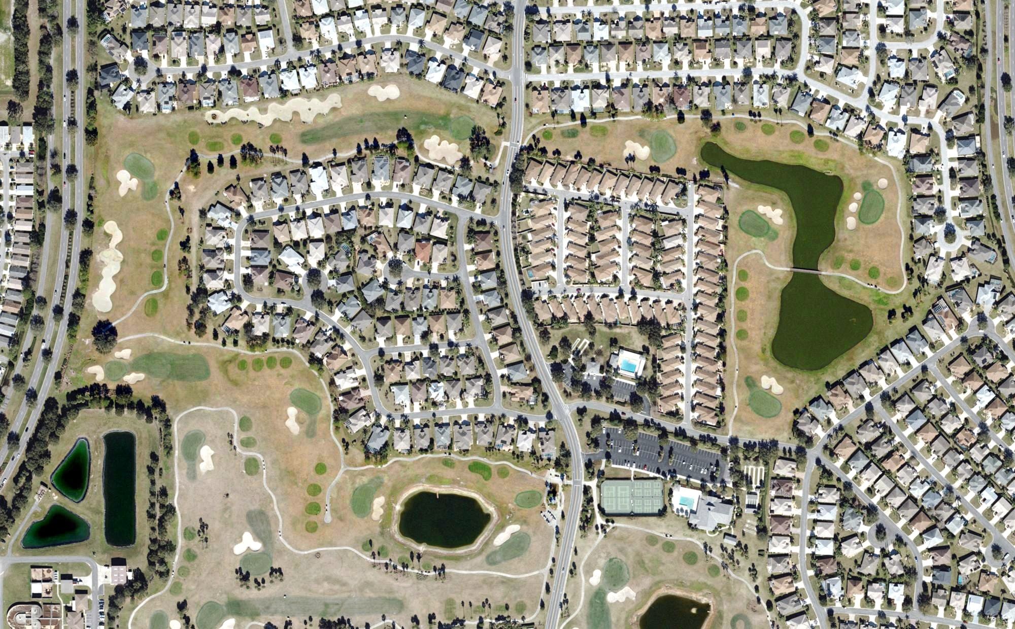 Aerial view of Bogart Golf Course (The Villages), FL, with its hole routing marked