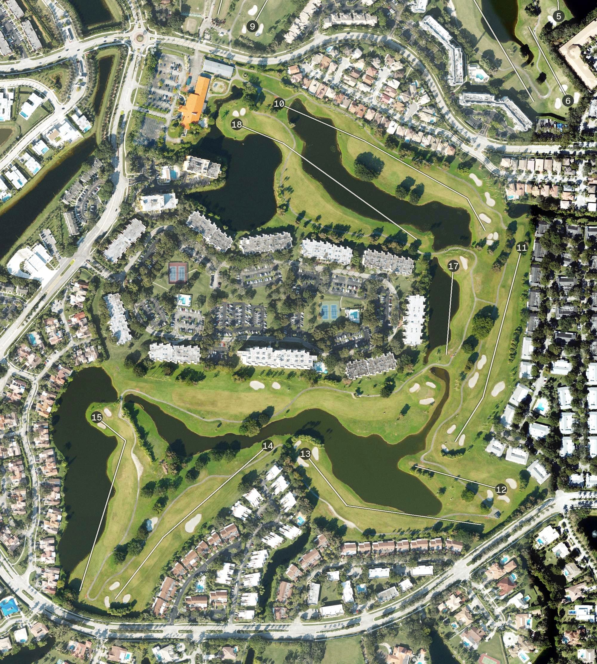 Aerial view of Bonaventure Country Club, FL, with its hole routing marked
