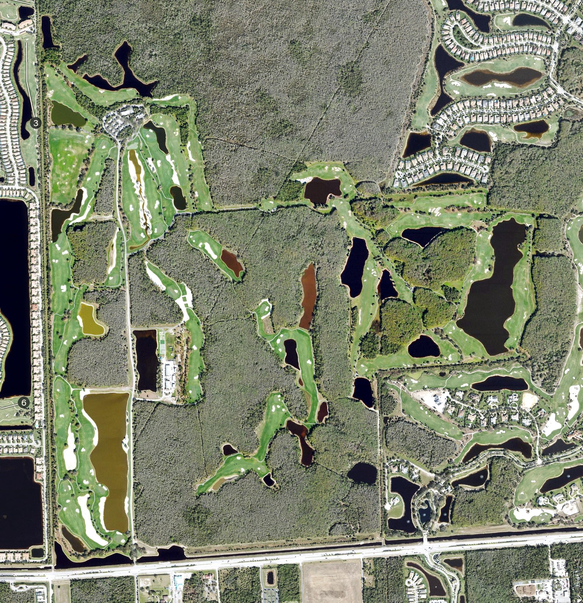 Aerial view of Bonita Bay East, FL, with its hole routing marked