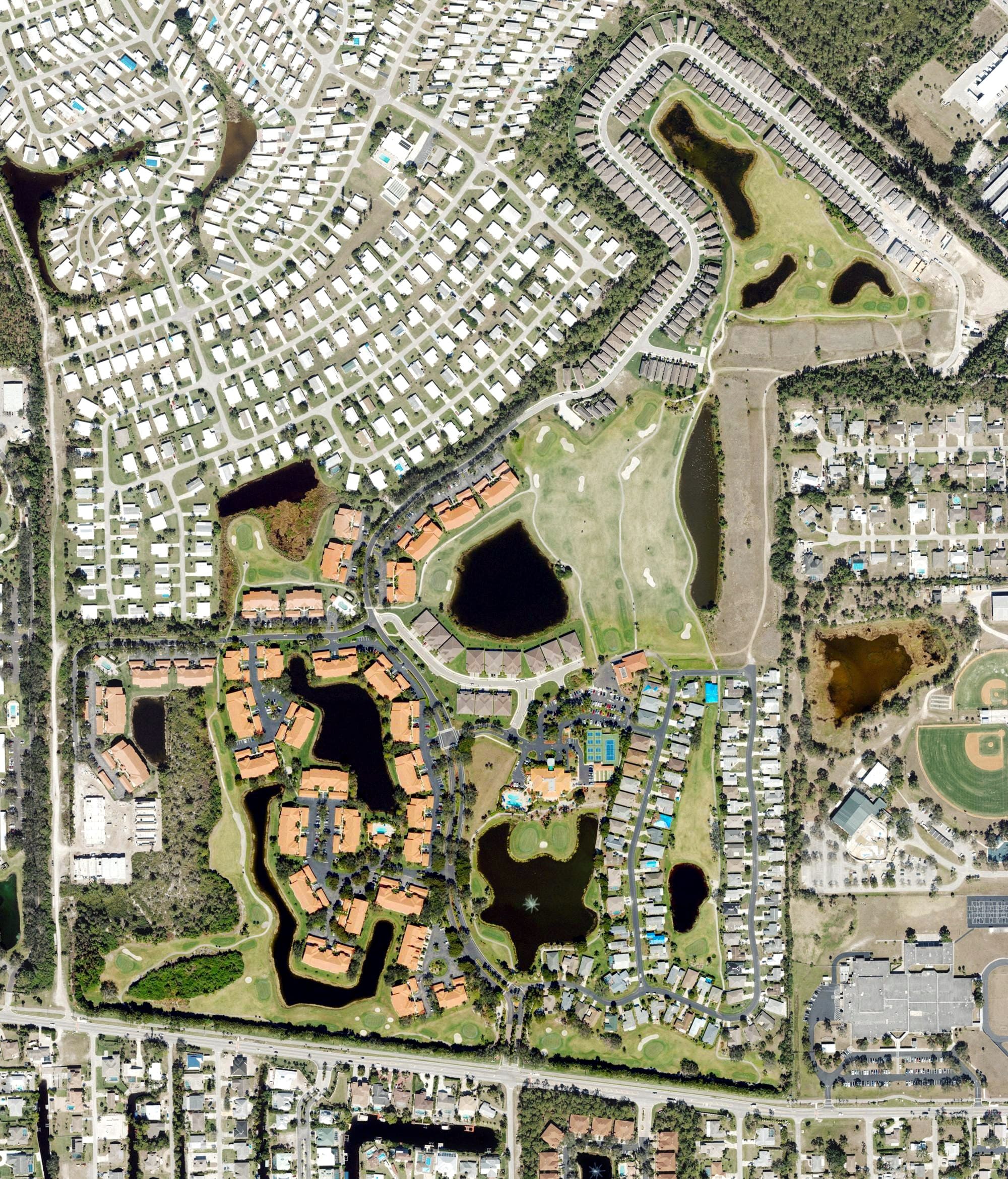 Aerial view of Bonita Fairways Golf Course, FL, with its hole routing marked
