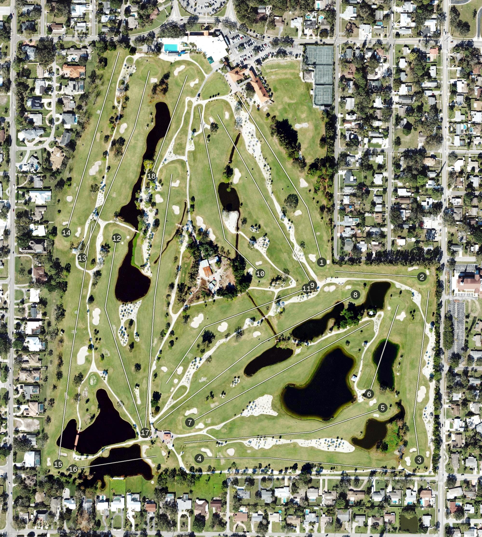 Aerial view of Bradenton Country Club, FL, with its hole routing marked