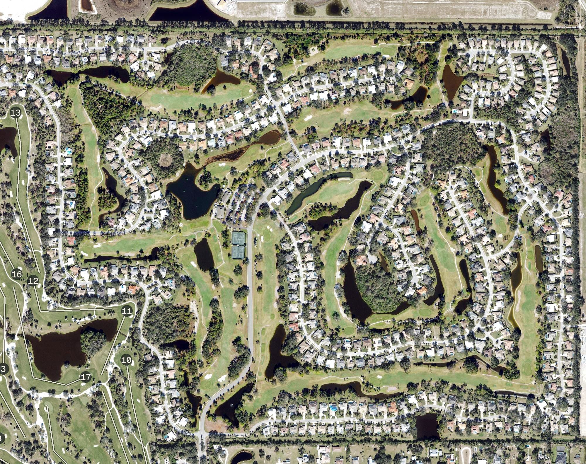 Aerial view of Calusa Lakes Golf Club, FL, with its hole routing marked