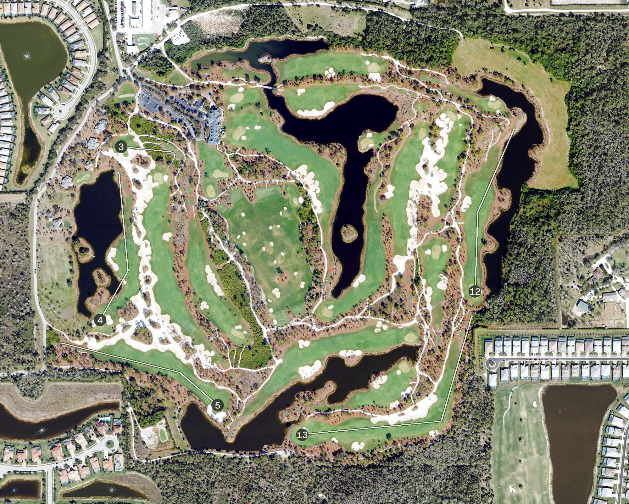 Aerial view of Calusa Pines Golf Club, FL, with its hole routing marked