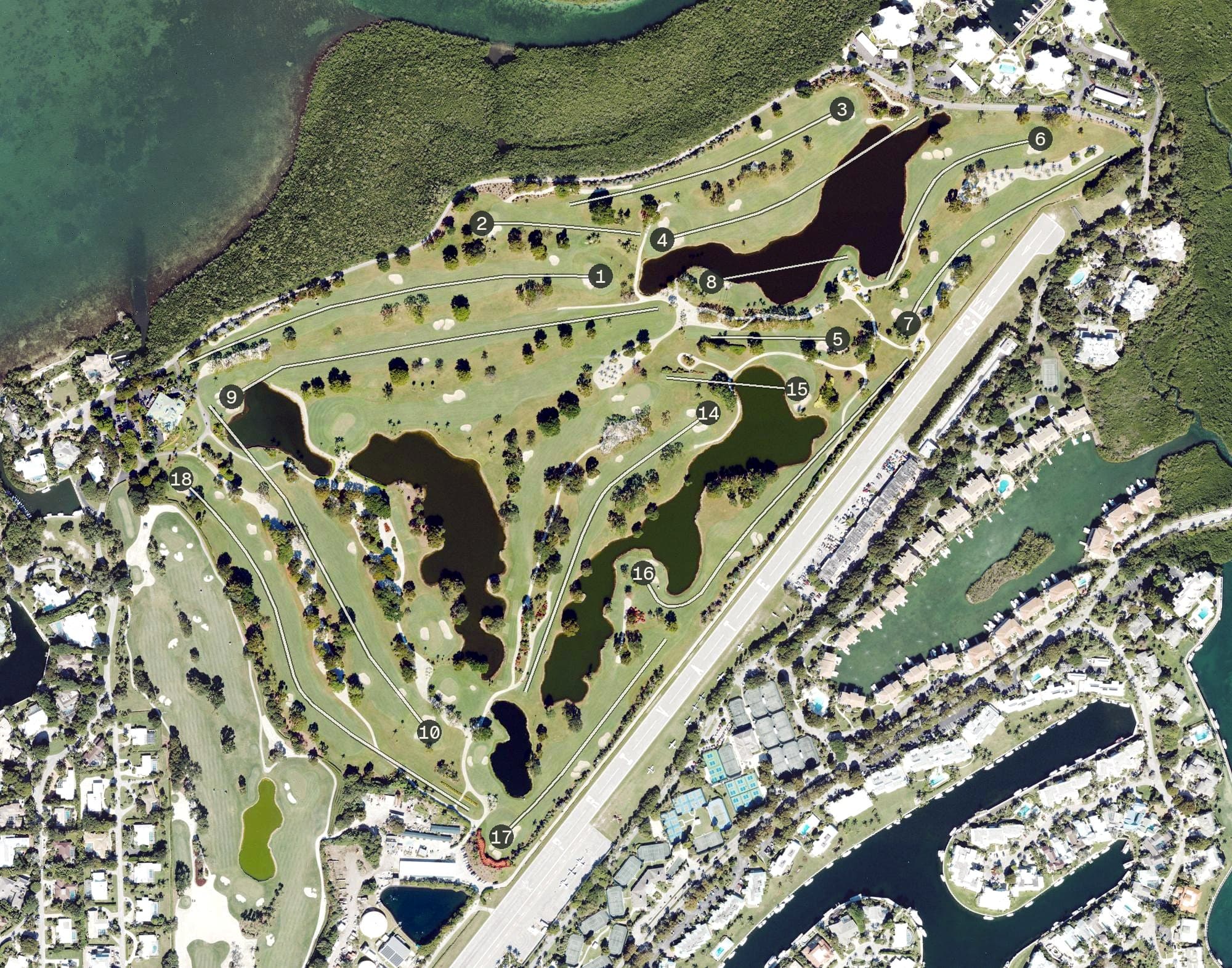 Aerial view of Card Sound Golf Club, FL, with its hole routing marked