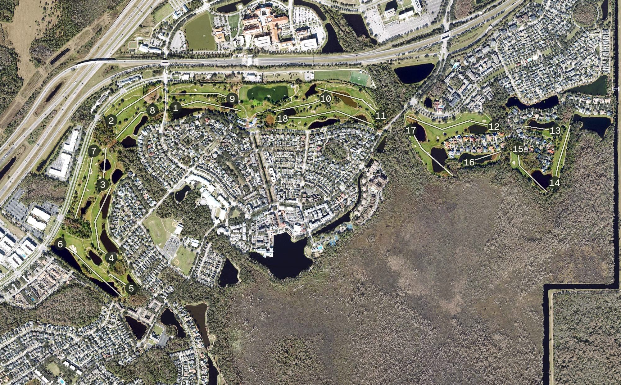 Aerial view of Celebration Golf Club, FL, with its hole routing marked