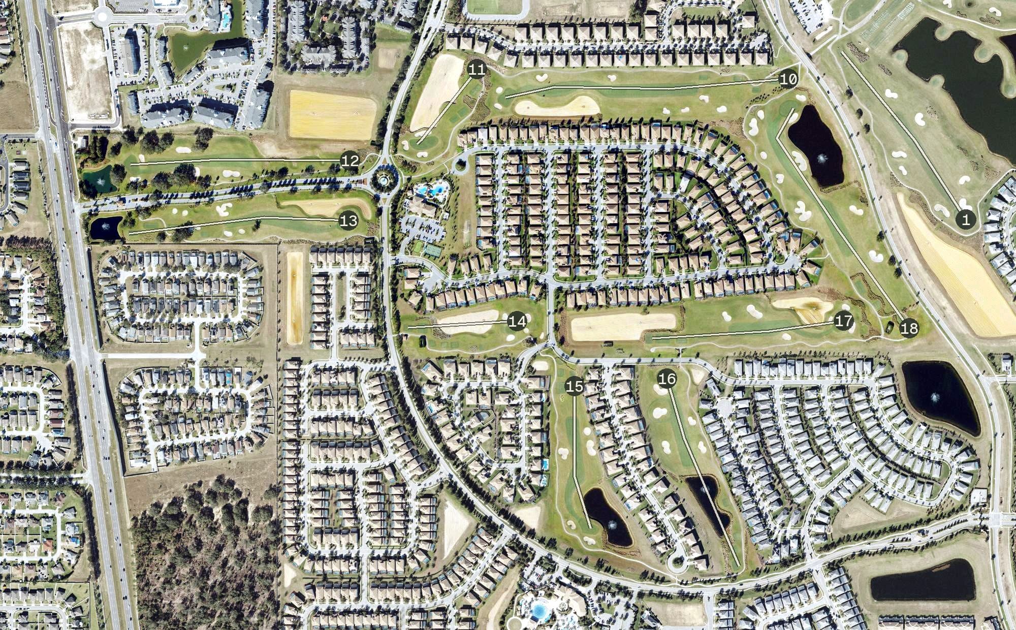 Aerial view of Champions Gate Country Club, FL, with its hole routing marked