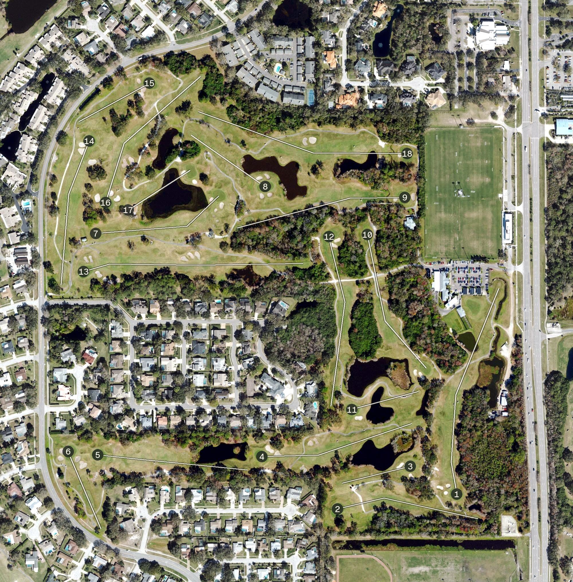 Aerial view of Chi Chi Rodriguez Golf Course, FL, with its hole routing marked