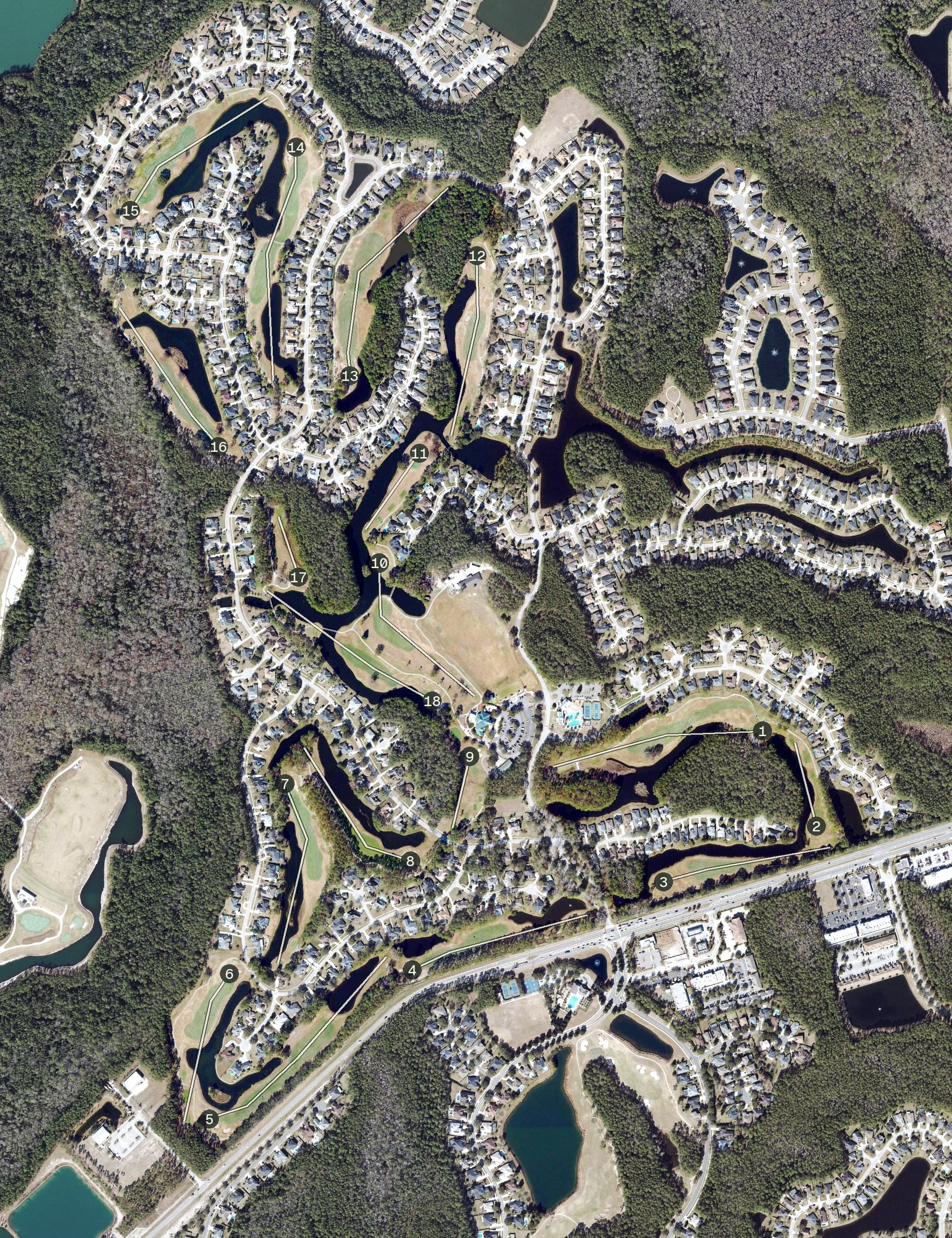 Aerial view of Cimarrone Golf Club, FL, with its hole routing marked