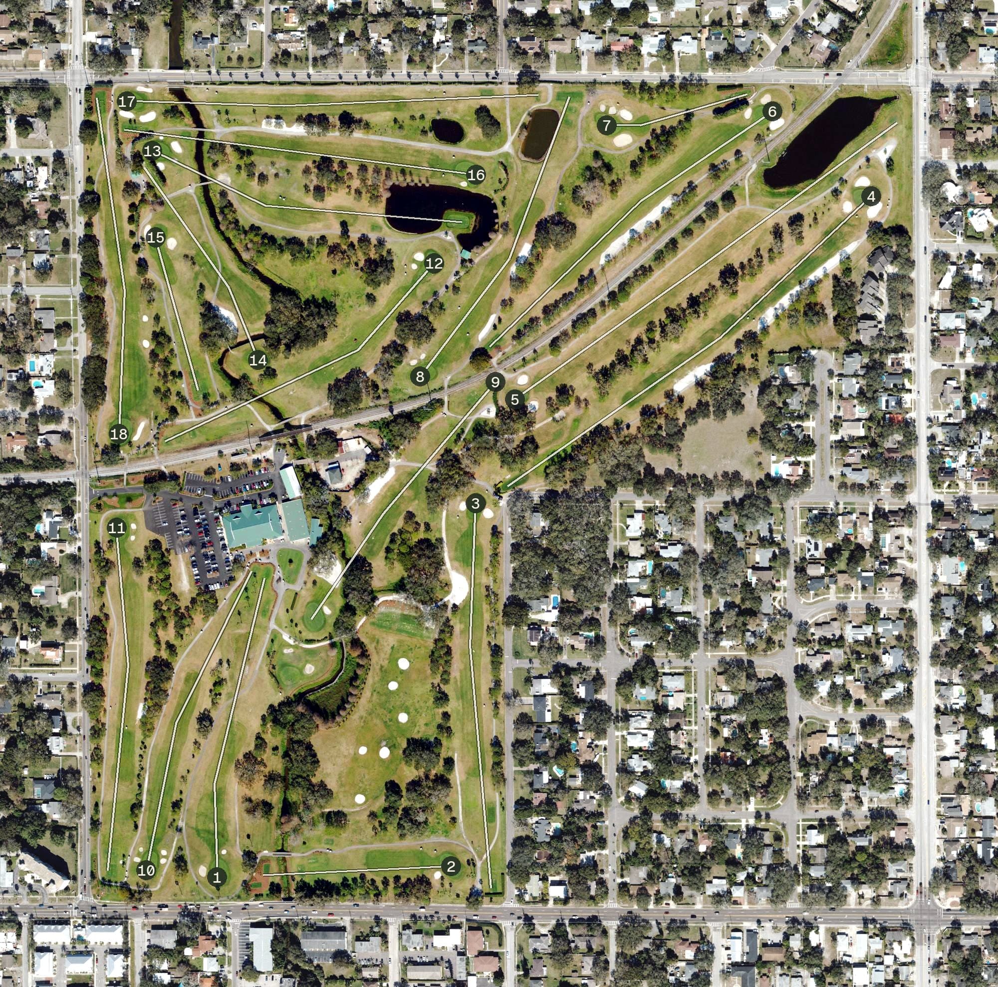 Aerial view of Clearwater Country Club, FL, with its hole routing marked