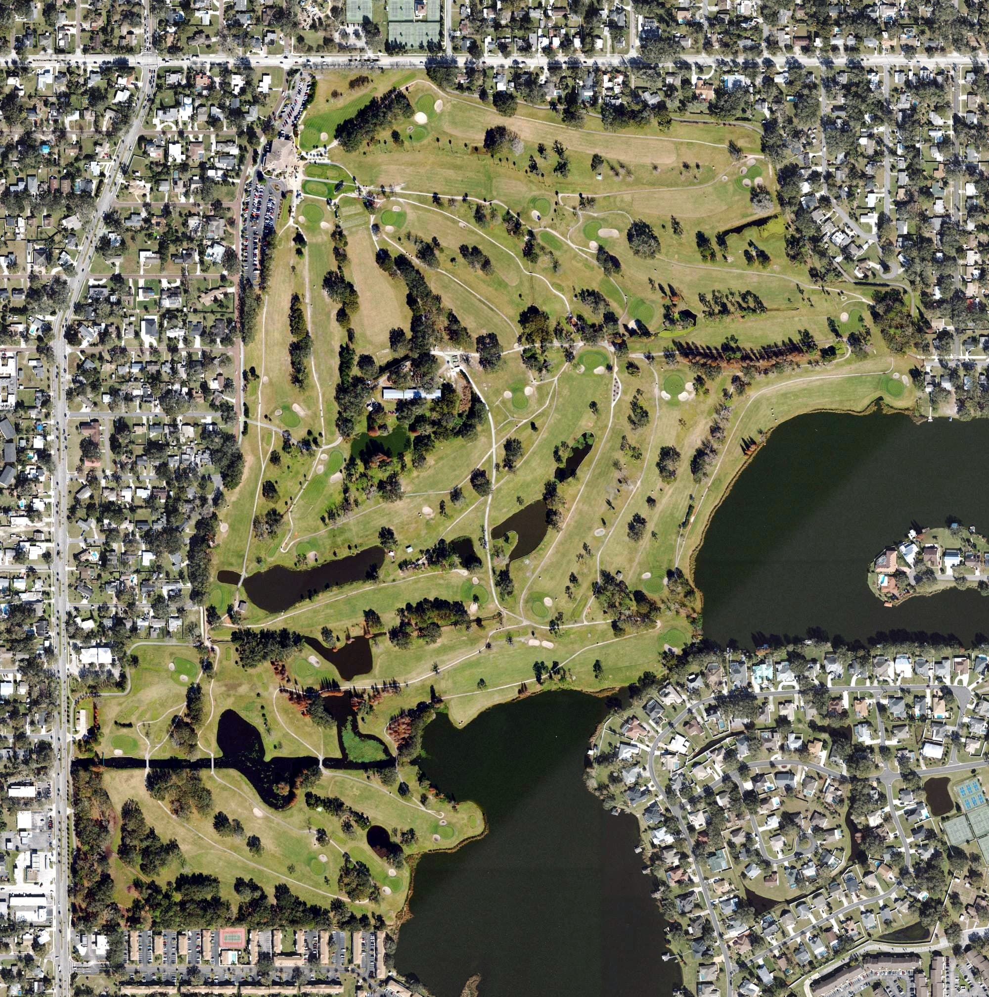 Aerial view of Cleveland Heights Golf Course, FL, with its hole routing marked