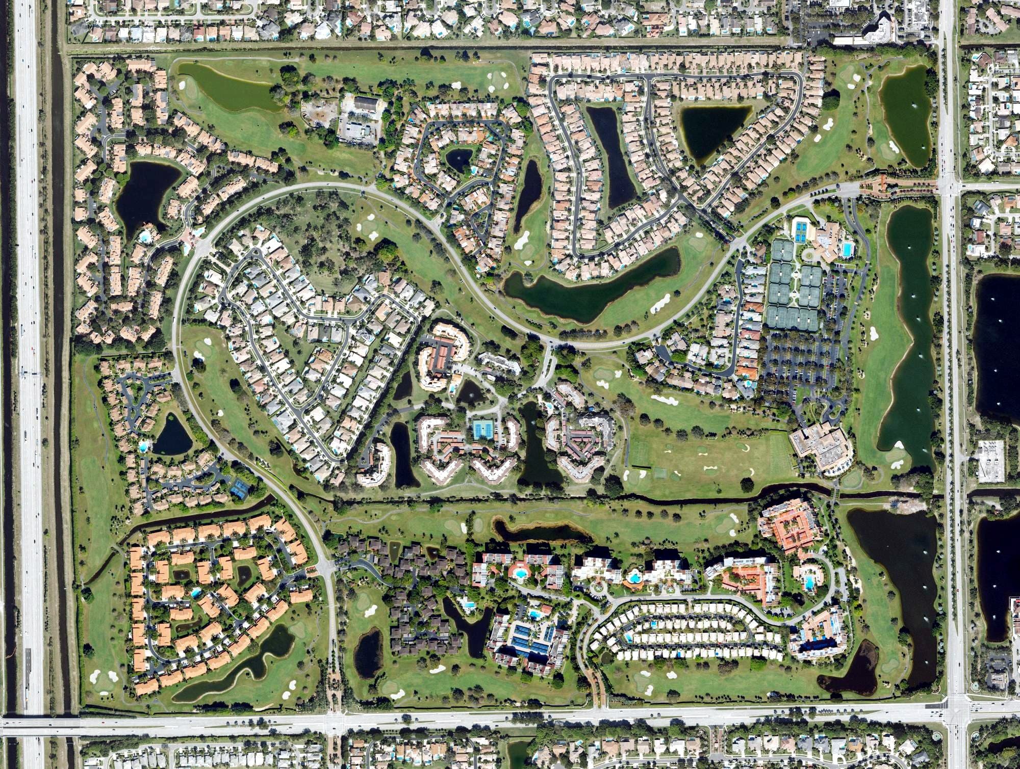 Aerial view of Club at Boca Pointe, FL, with its hole routing marked