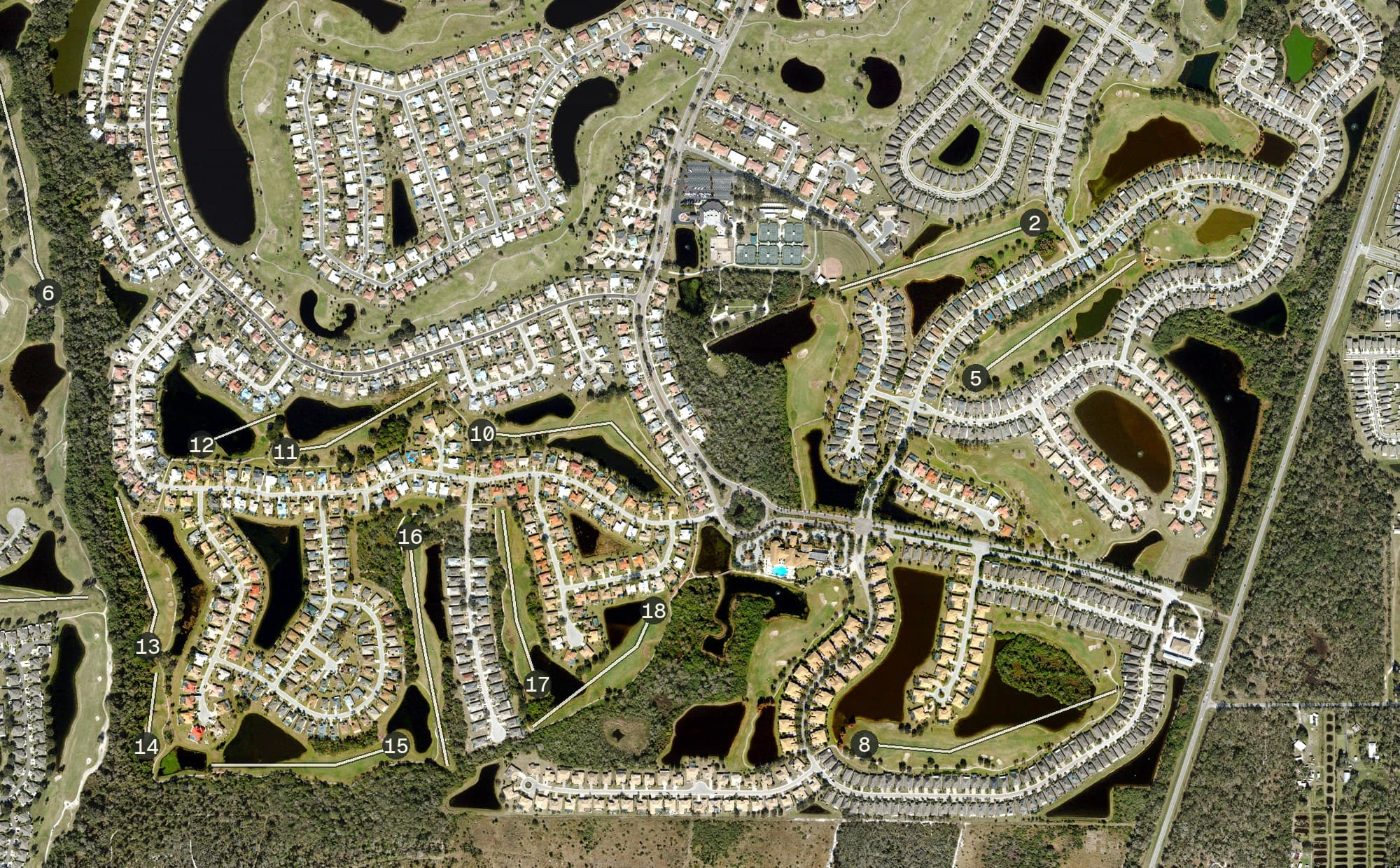 Aerial view of Club Renaissance, FL, with its hole routing marked