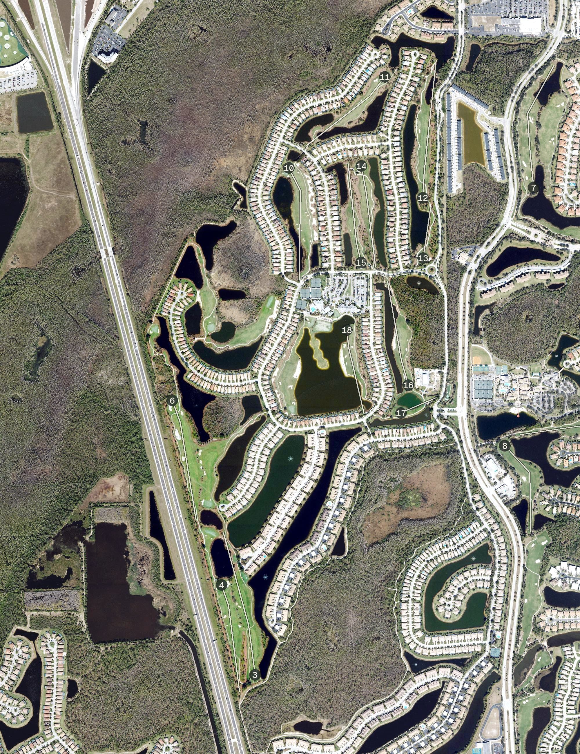 Aerial view of Colonial Country Club, FL, with its hole routing marked