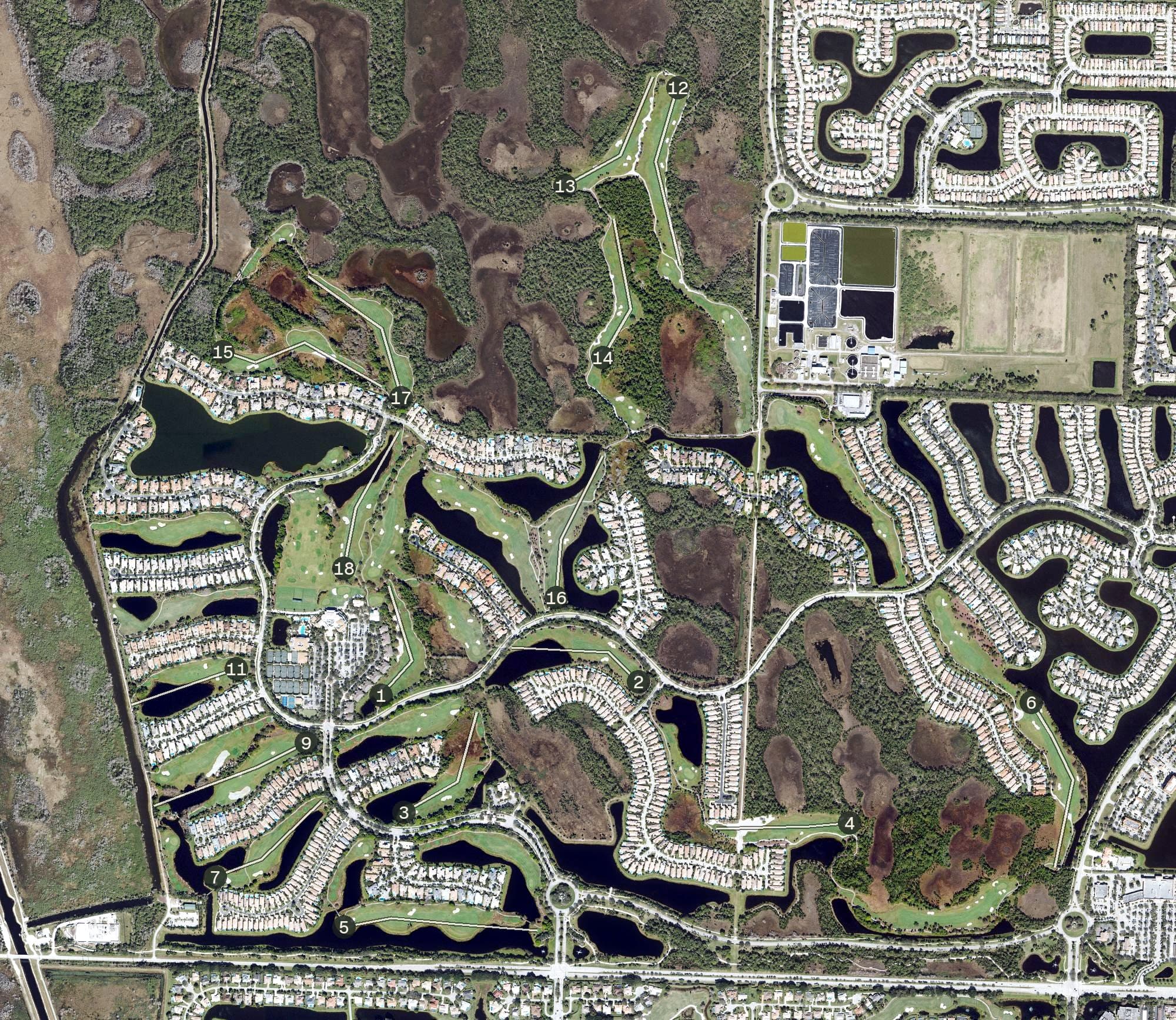 Aerial view of Country Club at Mirasol, FL, with its hole routing marked