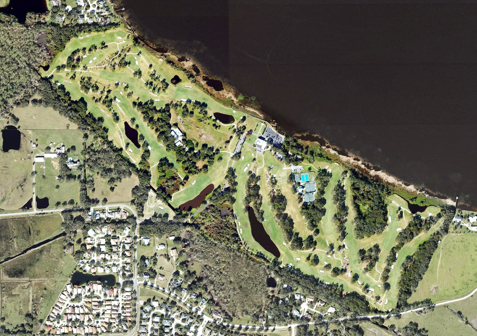 Aerial view of Country Club of Winter Haven, FL, with its hole routing marked