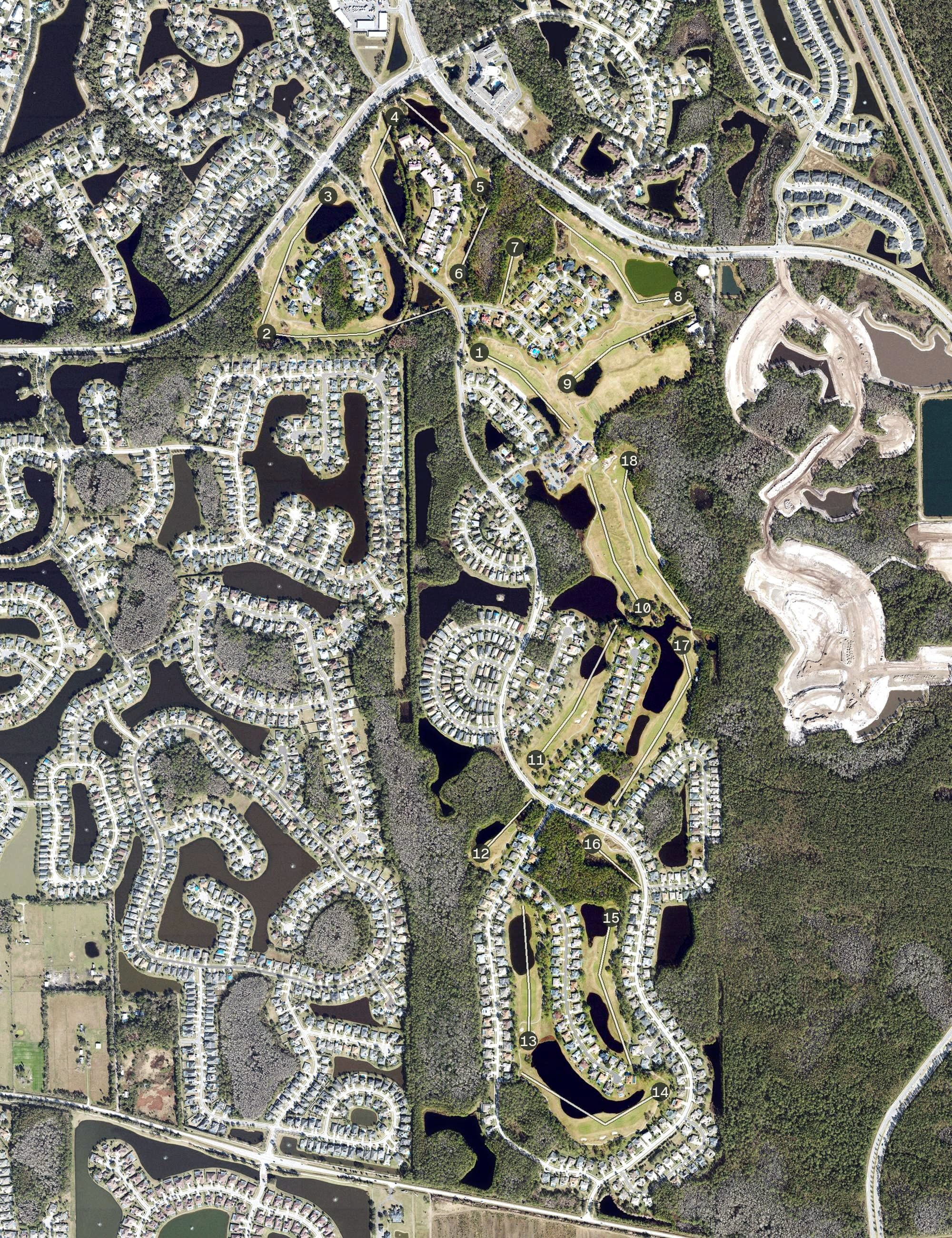 Aerial view of Cypress Head Golf Club, FL, with its hole routing marked
