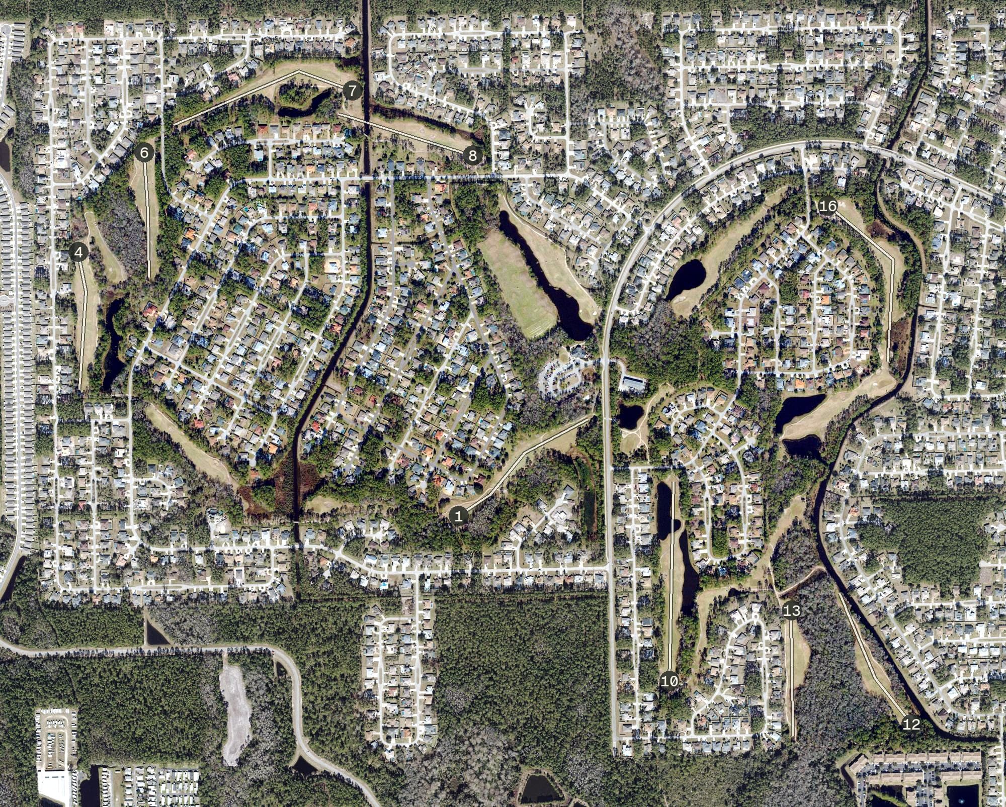 Aerial view of Cypress Knoll Country Club, FL, with its hole routing marked
