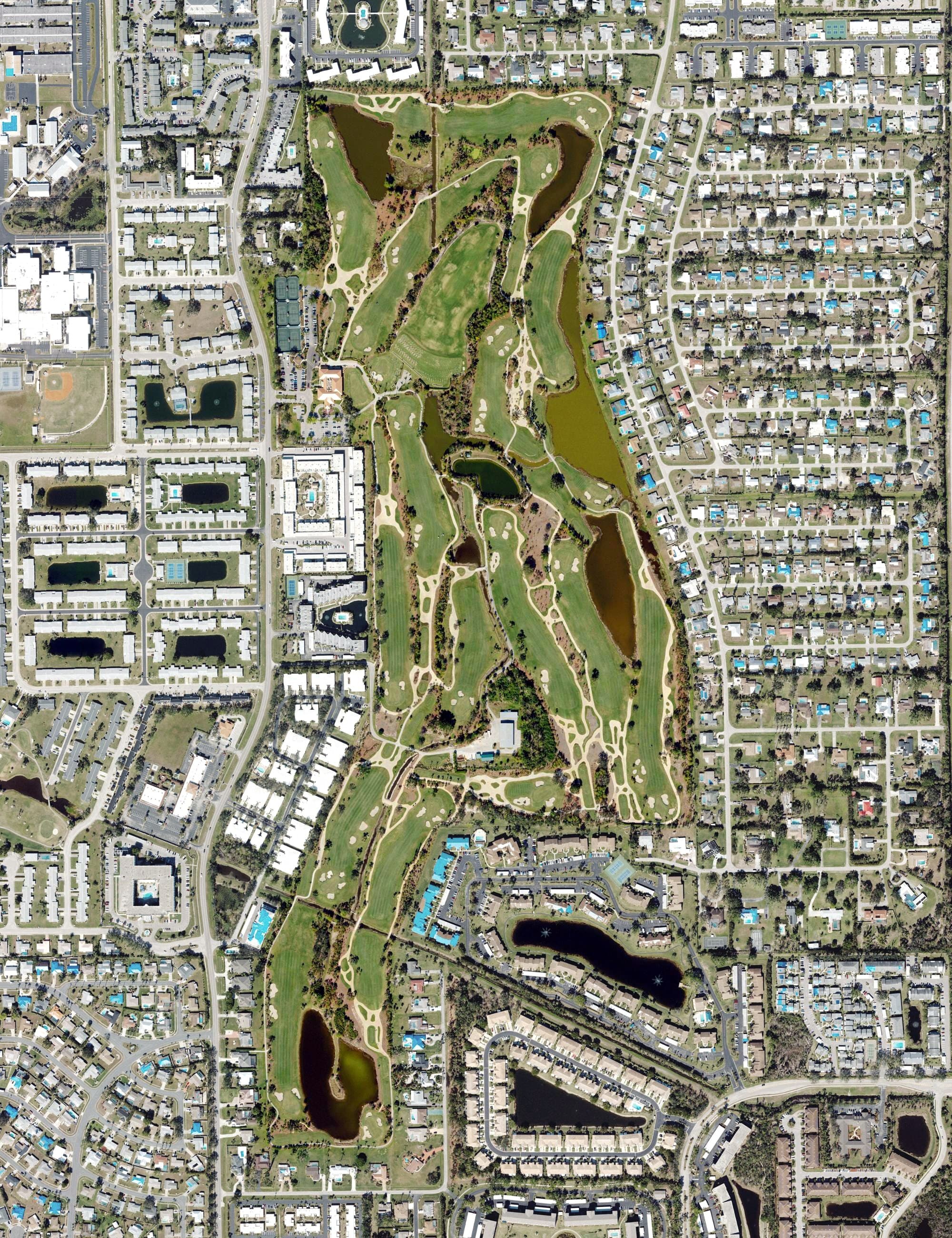 Aerial view of Cypress Lake Country Club, FL, with its hole routing marked