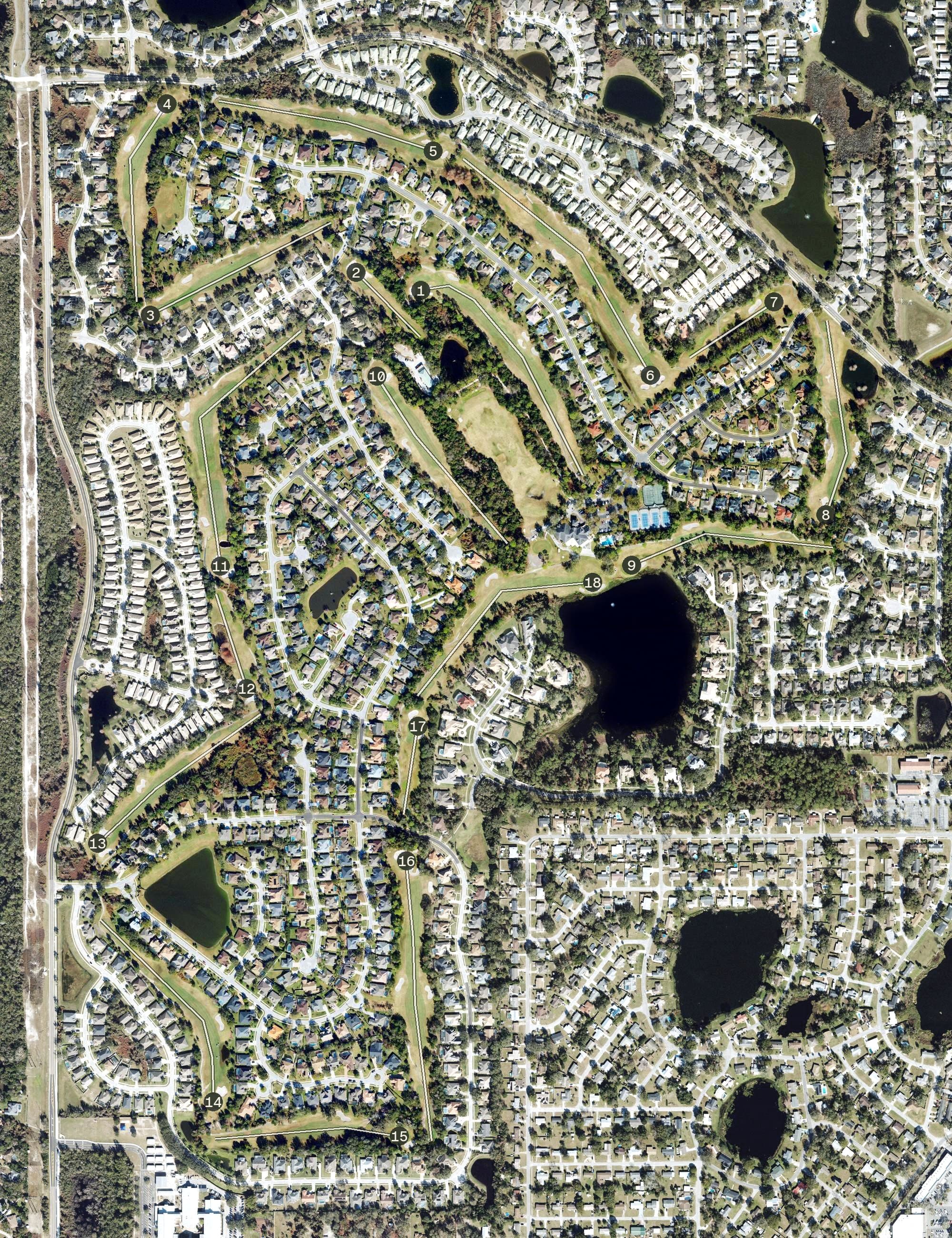 Aerial view of DeBary Golf & Country Club, FL, with its hole routing marked