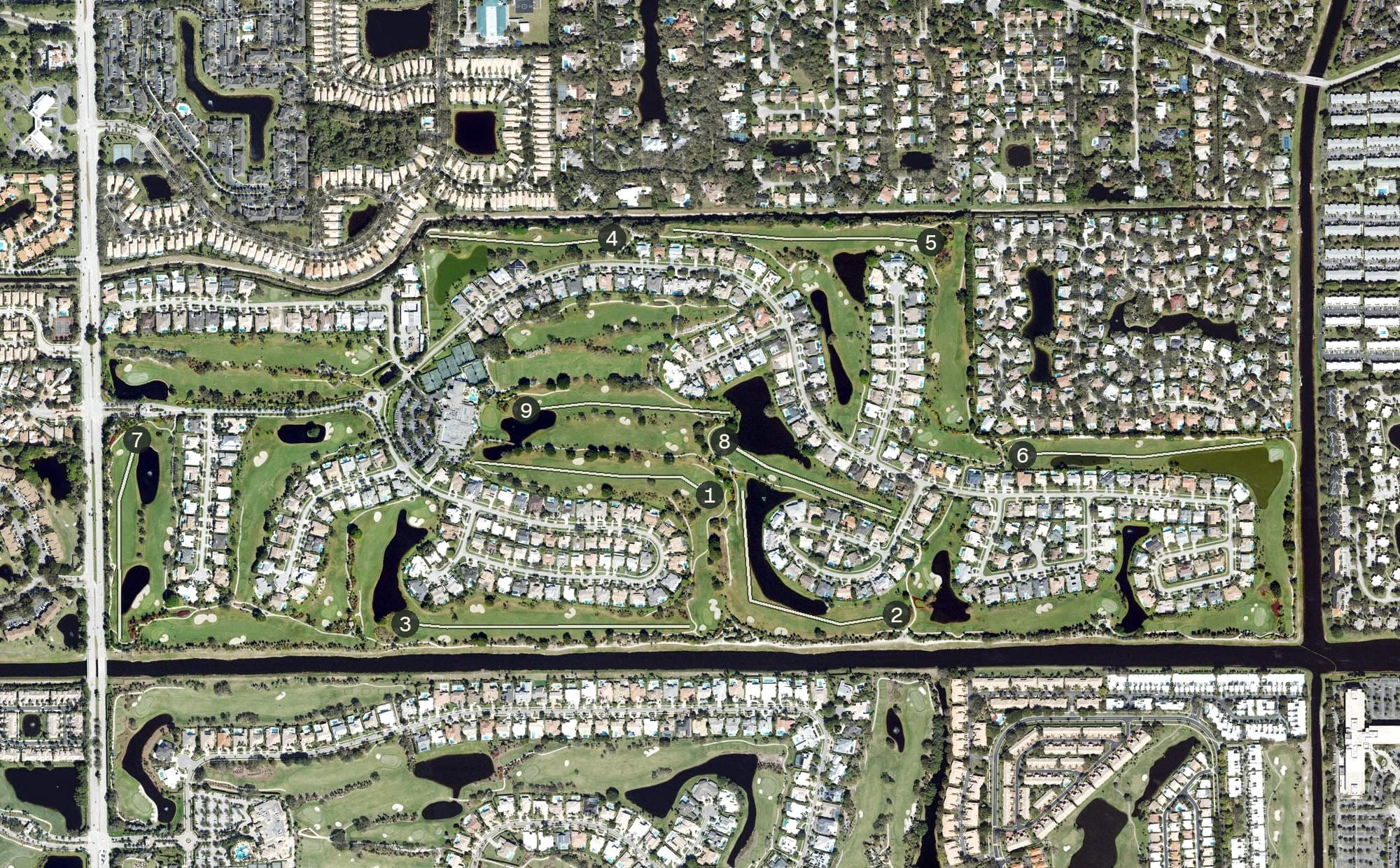 Aerial view of Delaire Country Club, FL, with its hole routing marked