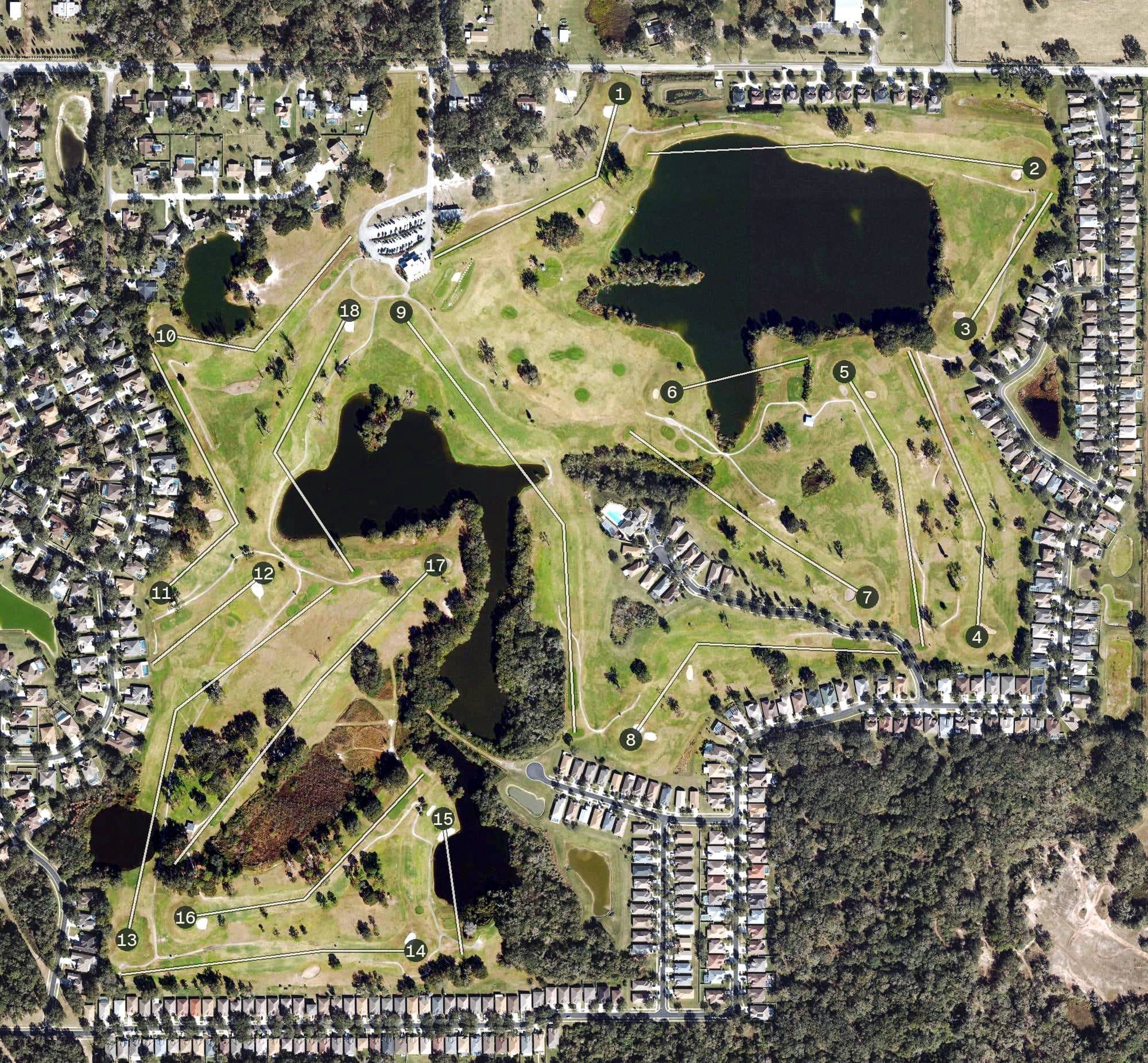 Aerial view of Diamond Hill Golf Club, FL, with its hole routing marked