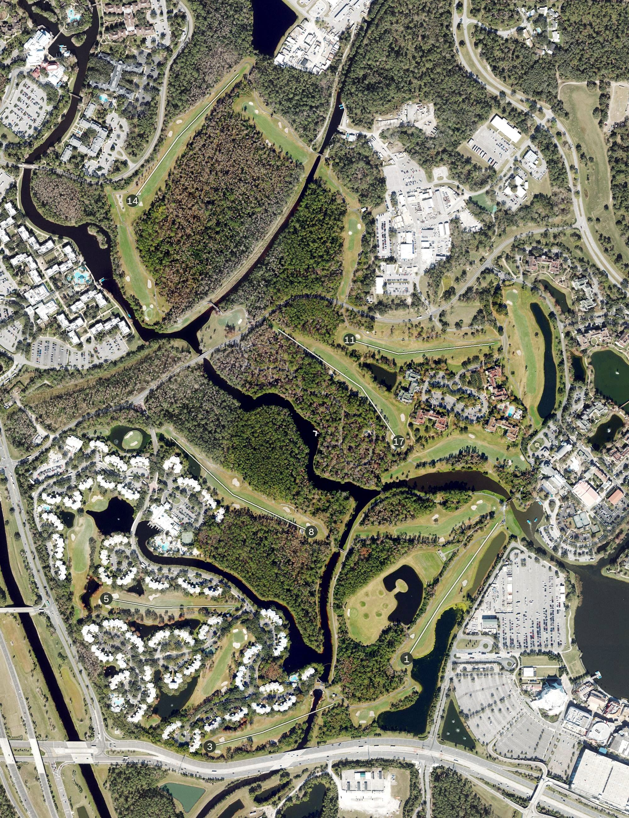 Aerial view of Disney's Lake Buena Vista Golf, FL, with its hole routing marked