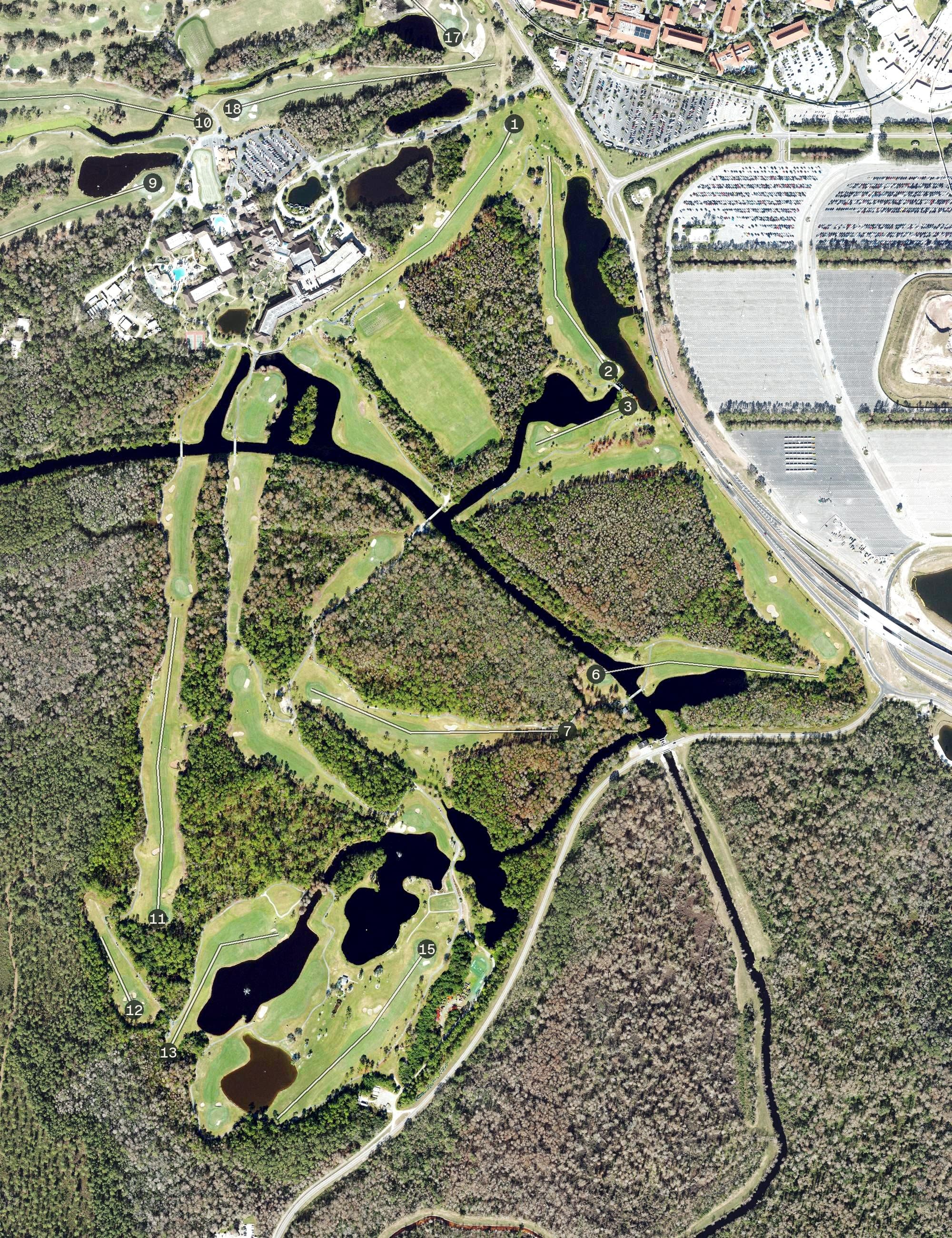 Aerial view of Disney's Palm Golf Course, FL, with its hole routing marked