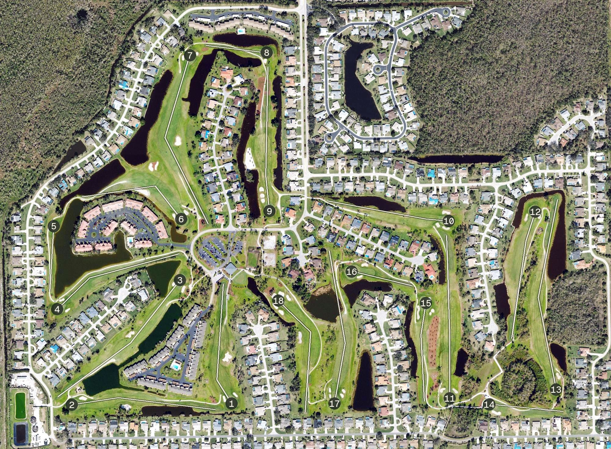 Aerial view of Eagle Ridge Golf Club, FL, with its hole routing marked