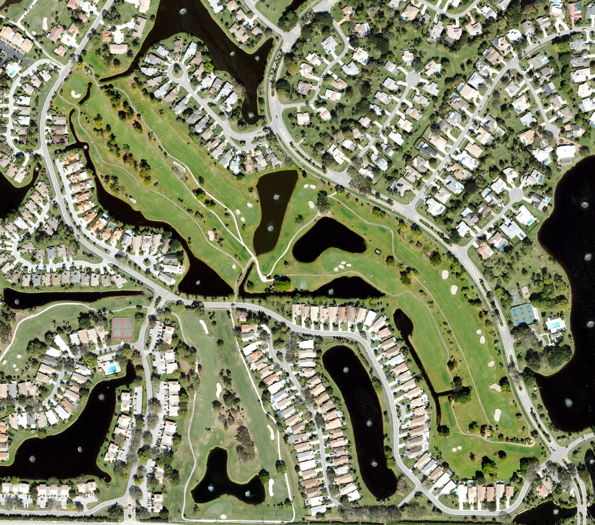 Aerial view of Eastpointe Country Club, FL, with its hole routing marked