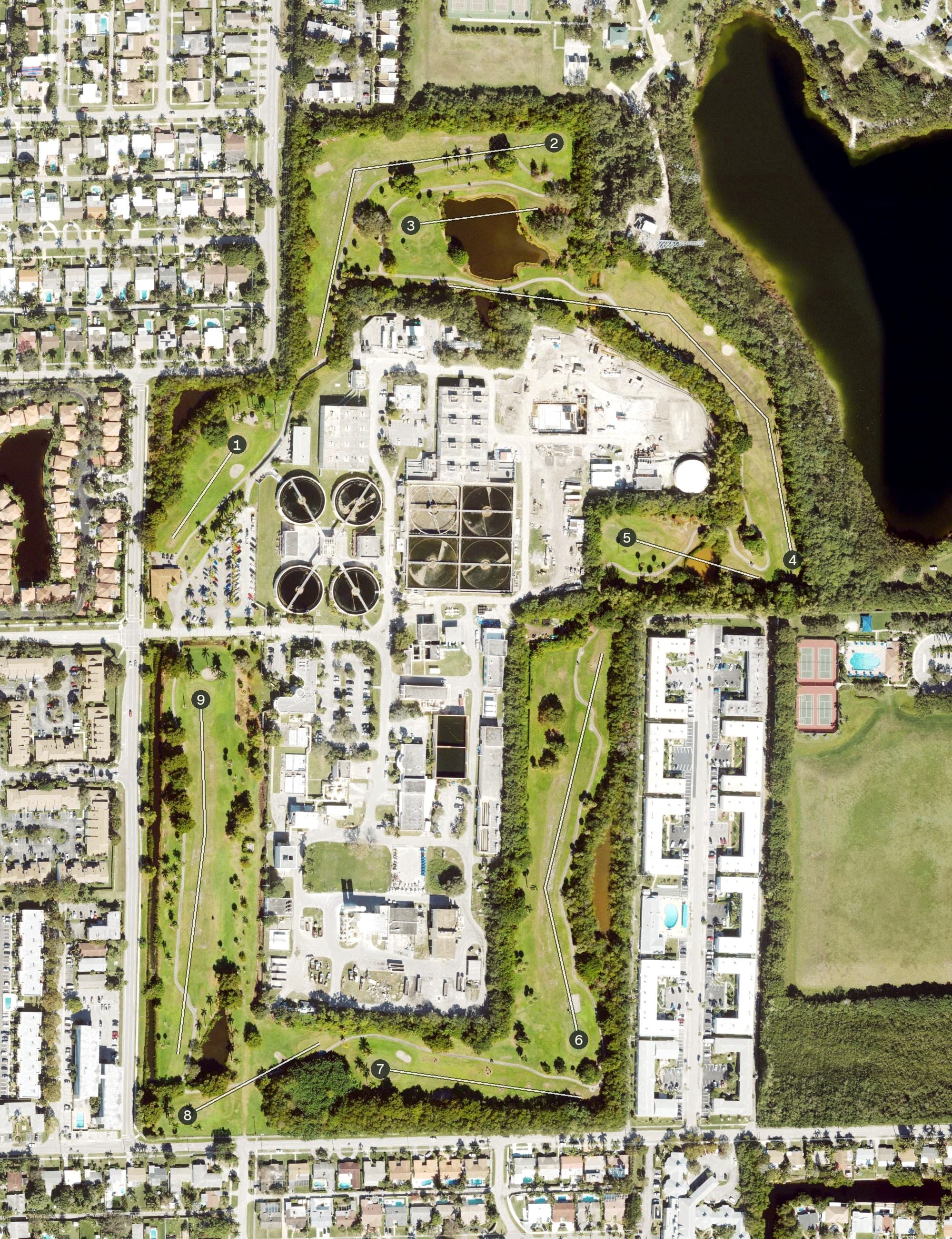 Aerial view of Eco Golf Club, FL, with its hole routing marked