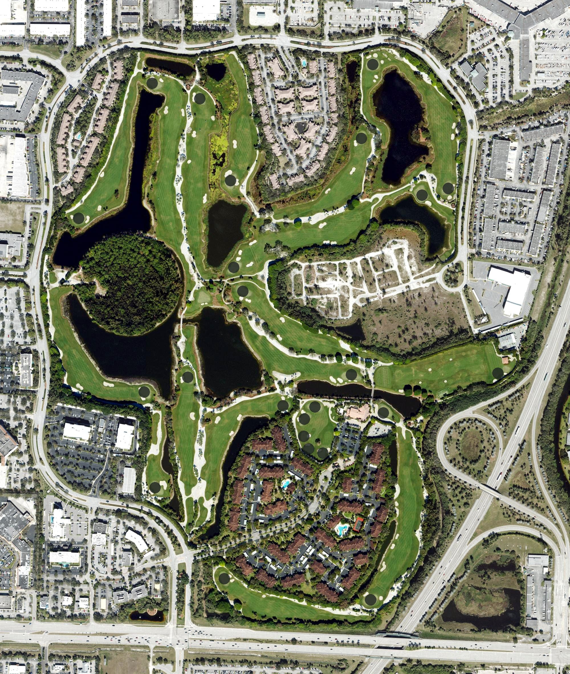 Aerial view of Emerald Dunes Club, FL, with its hole routing marked