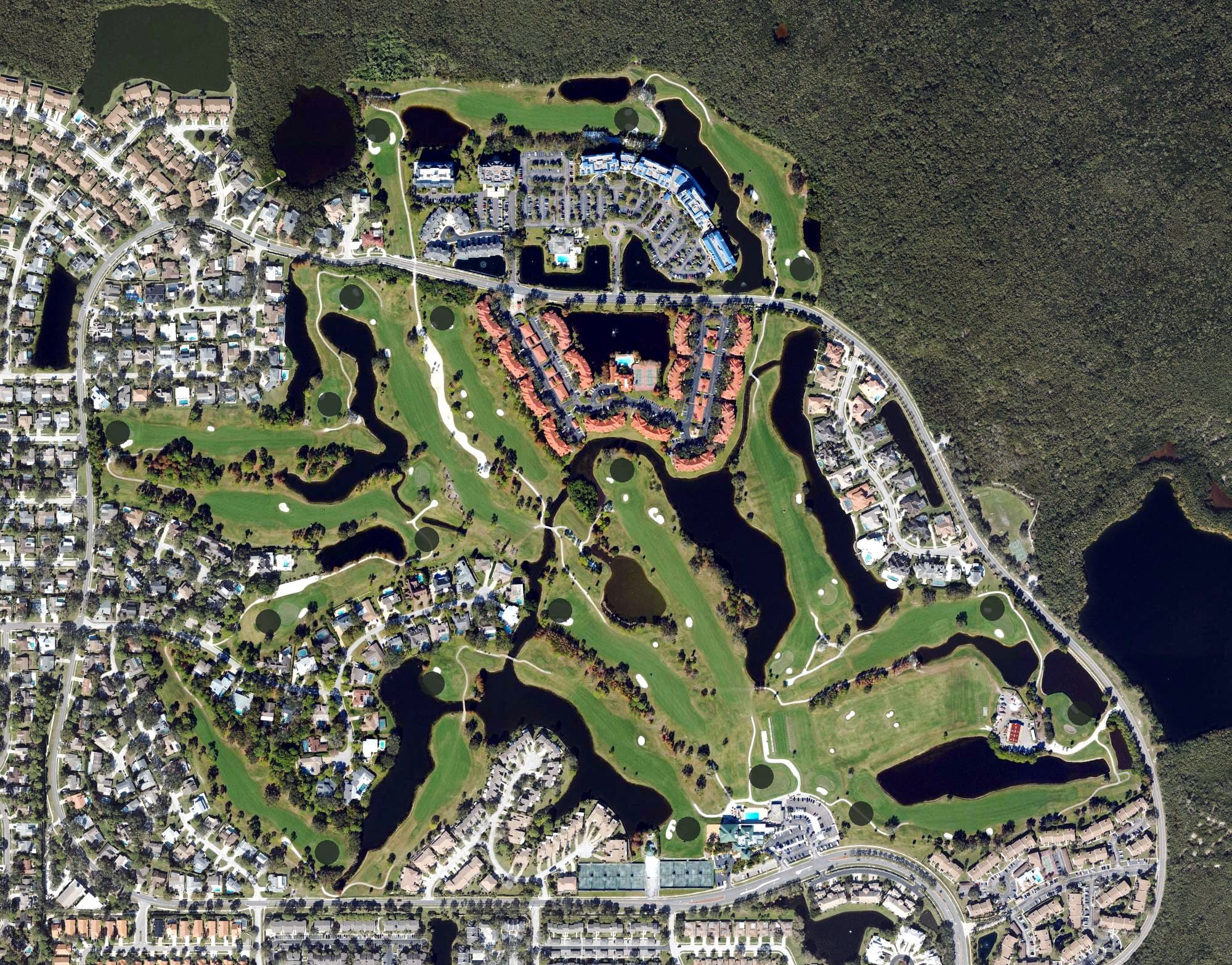 Aerial view of Feather Sound Country Club, FL, with its hole routing marked