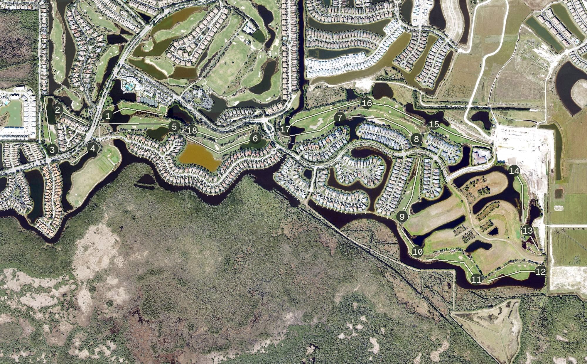 Aerial view of Fiddler's Creek, FL, with its hole routing marked