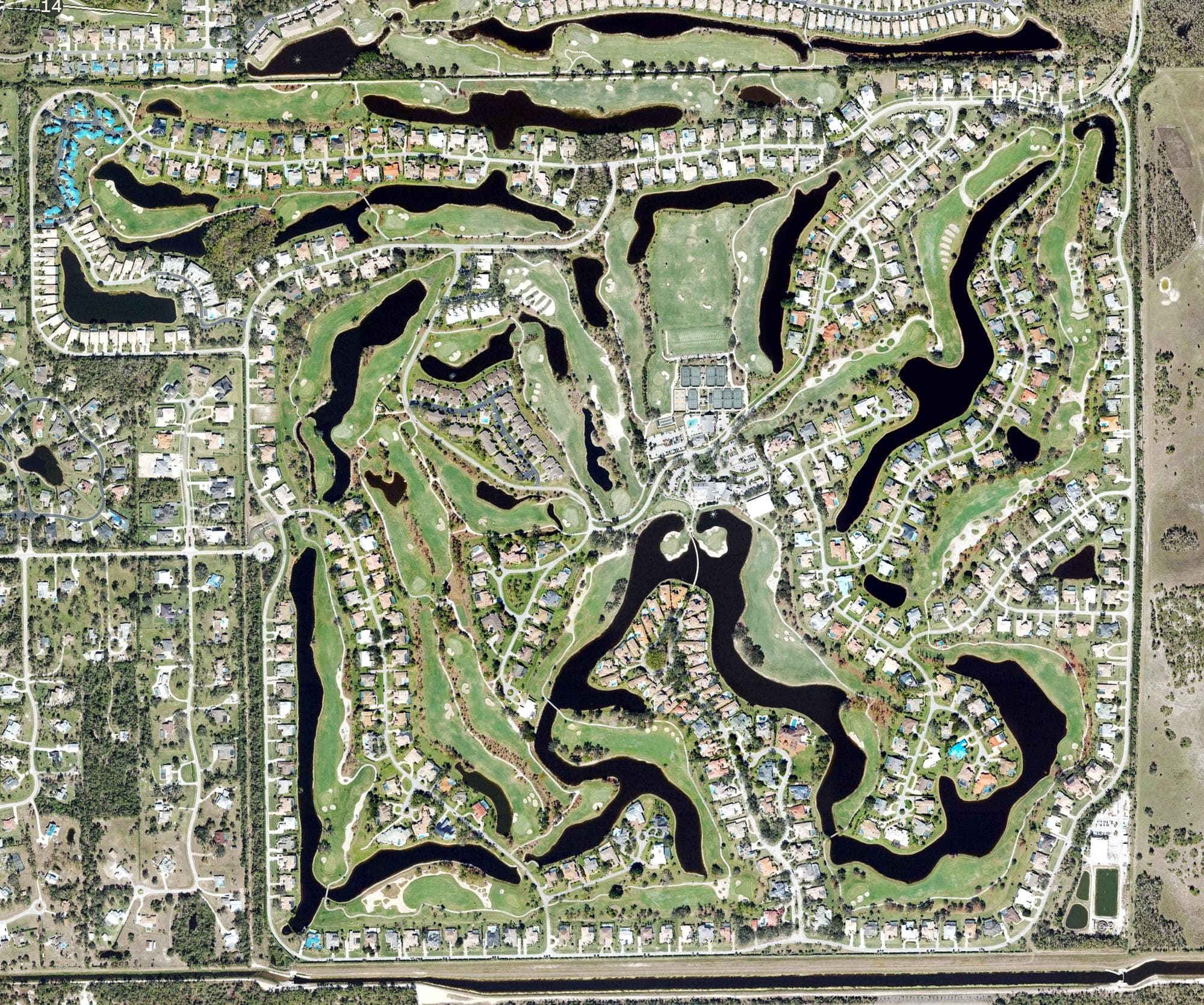Aerial view of Fiddlesticks Country Club, FL, with its hole routing marked