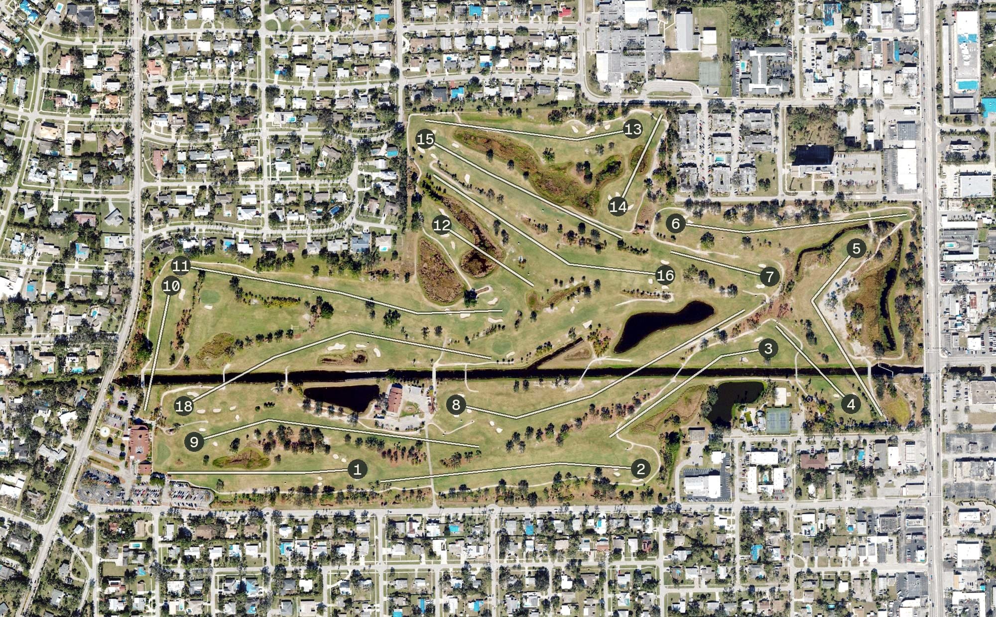 Aerial view of Fort Myers Country Club, FL, with its hole routing marked