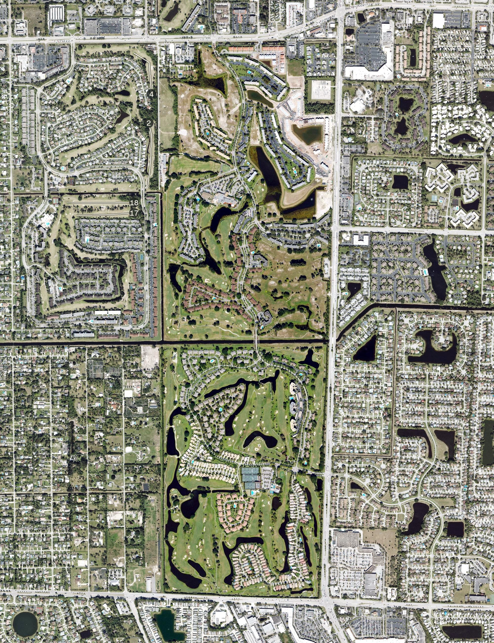 Aerial view of Fountains Country Club, FL, with its hole routing marked