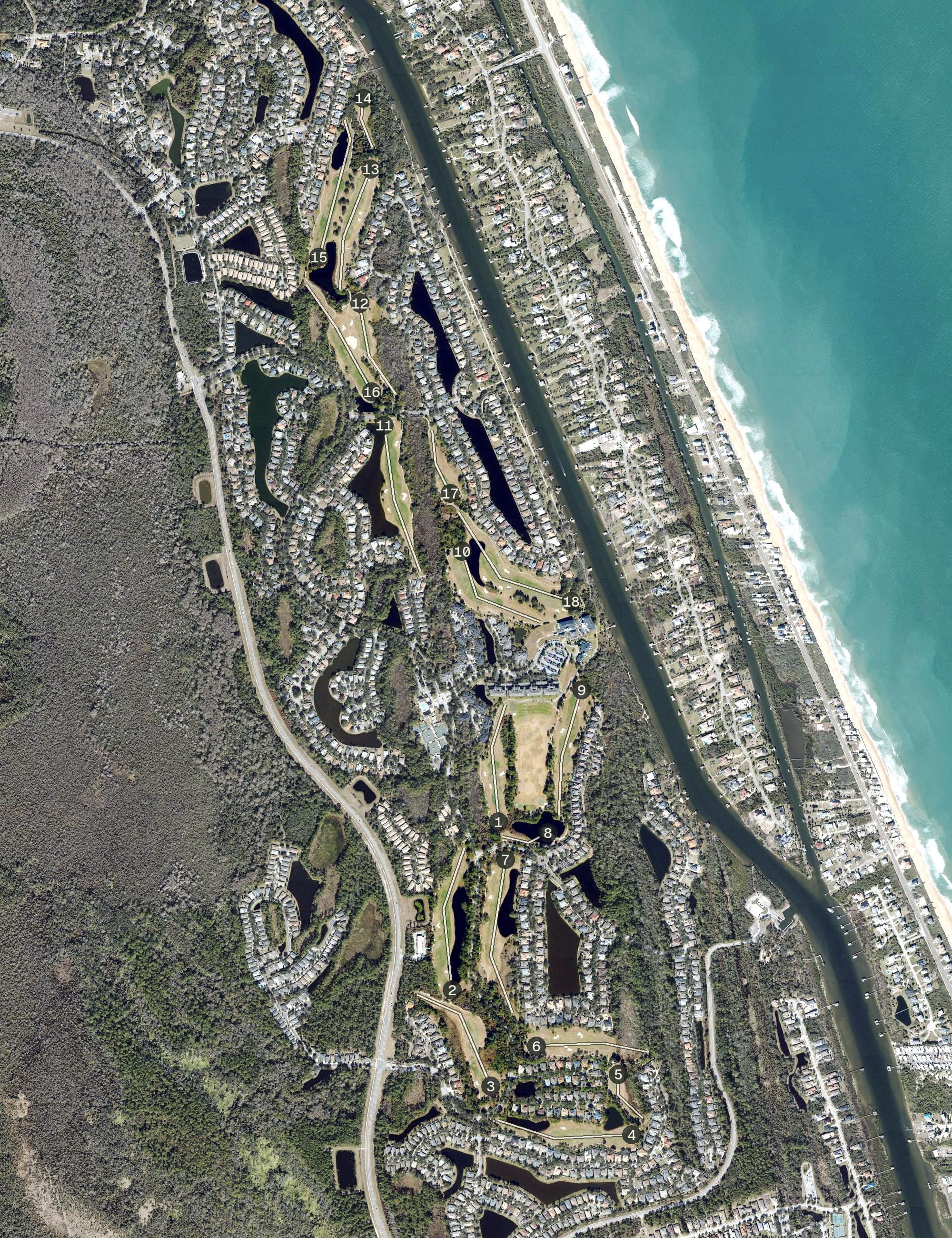 Aerial view of Grand Haven Golf Club, FL, with its hole routing marked