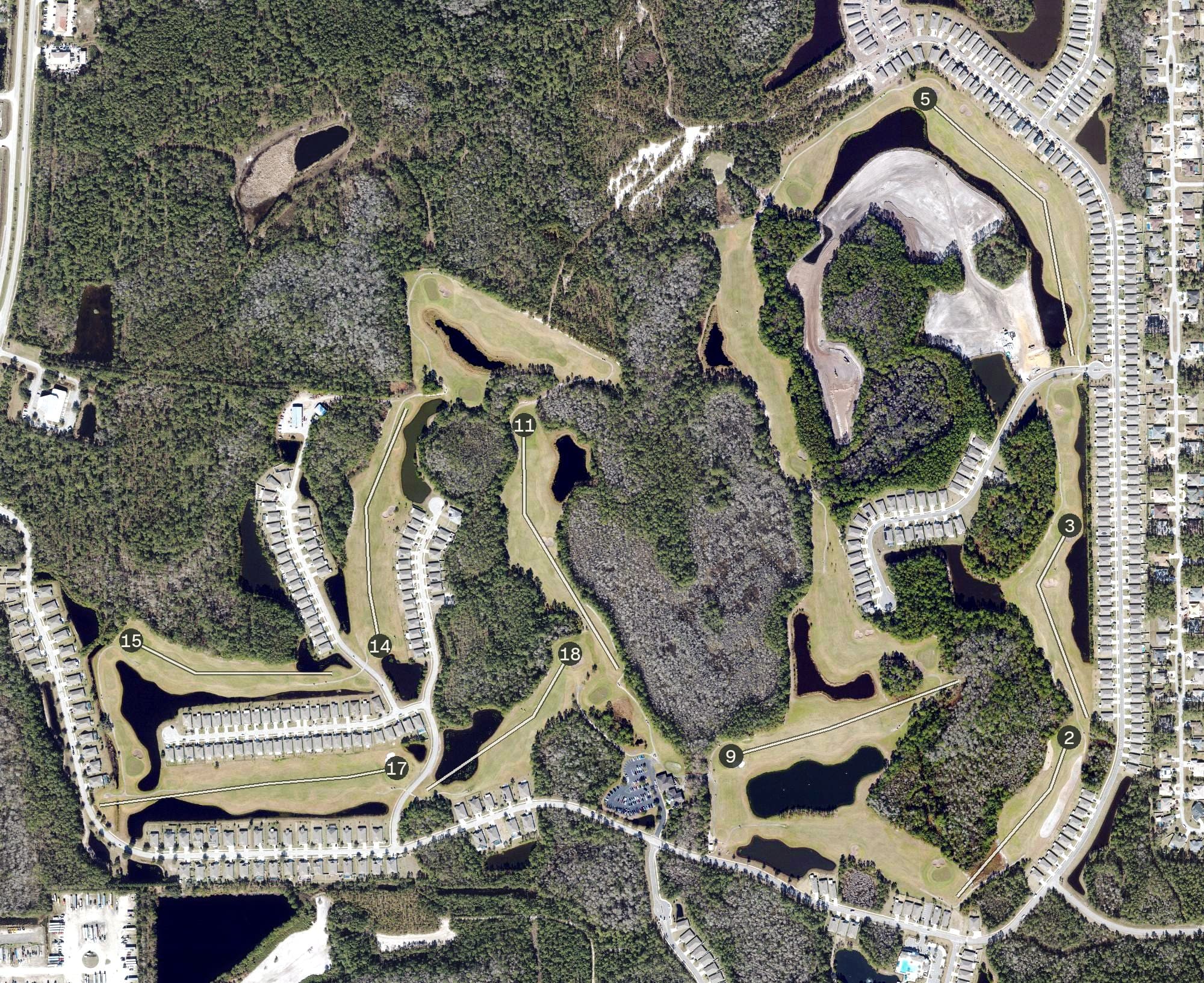 Aerial view of Grand Reserve Golf Course, FL, with its hole routing marked