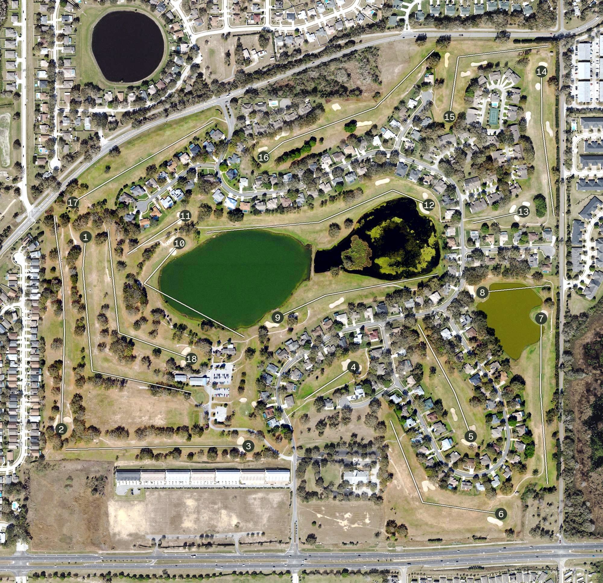 Aerial view of Green Valley Country Club, FL, with its hole routing marked