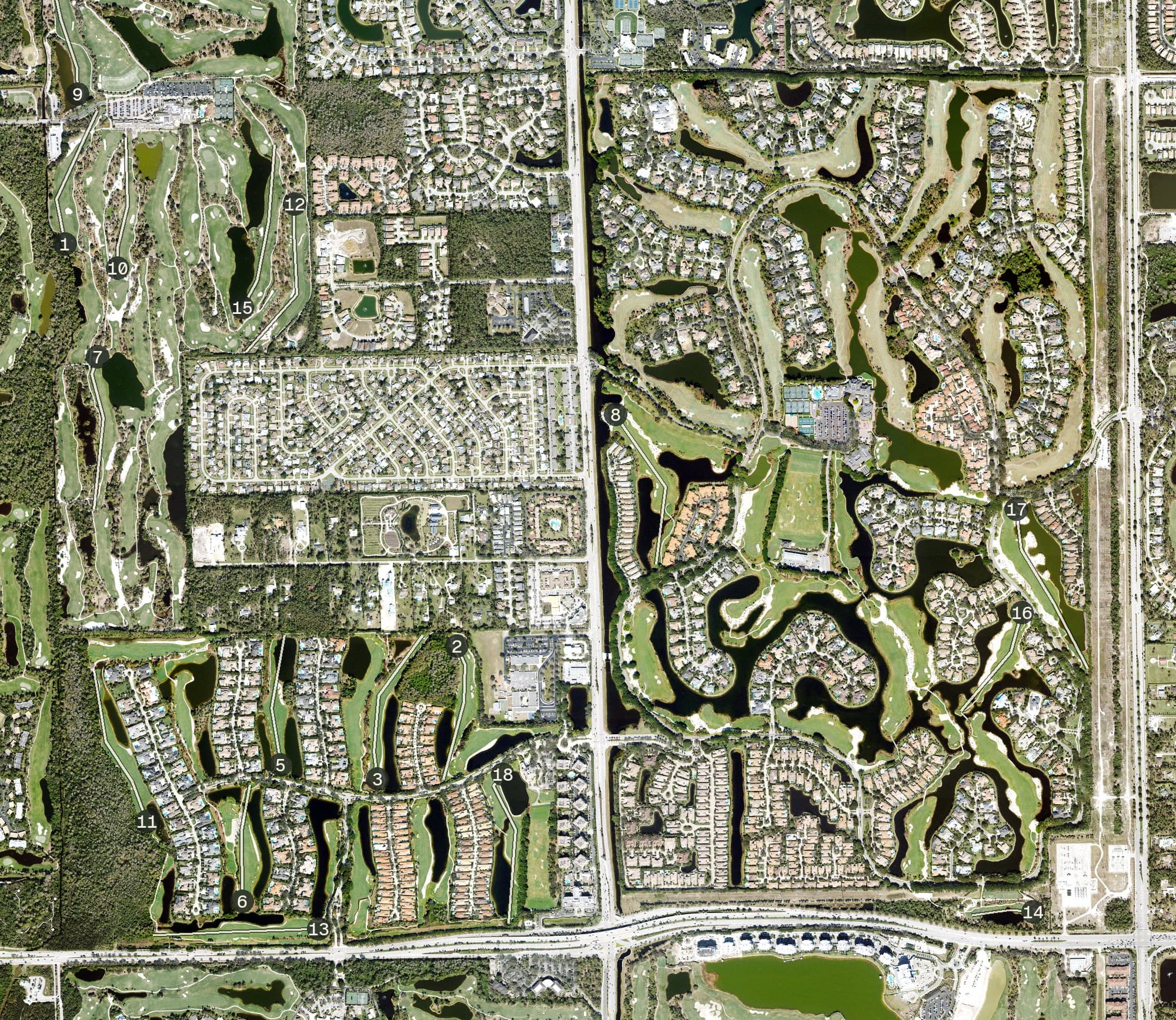 Aerial view of Grey Oaks Country Club, FL, with its hole routing marked