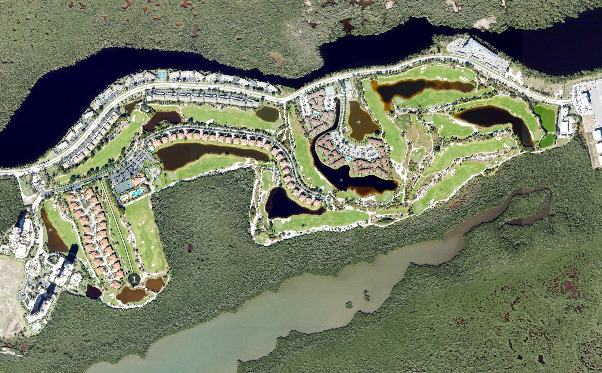 Aerial view of Hammock Bay Golf & Country Club, FL, with its hole routing marked