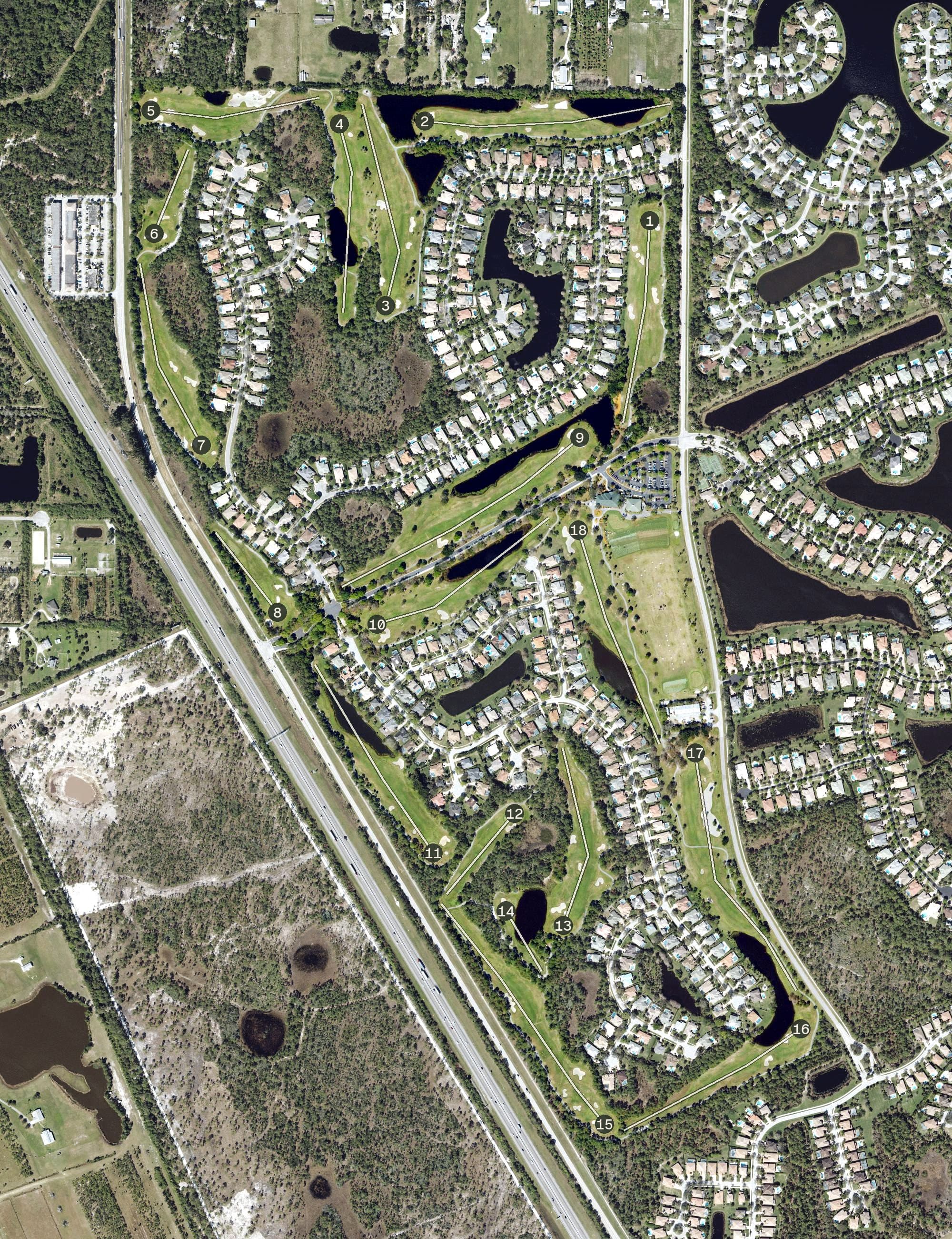 Aerial view of Hammock Creek Golf Club, FL, with its hole routing marked