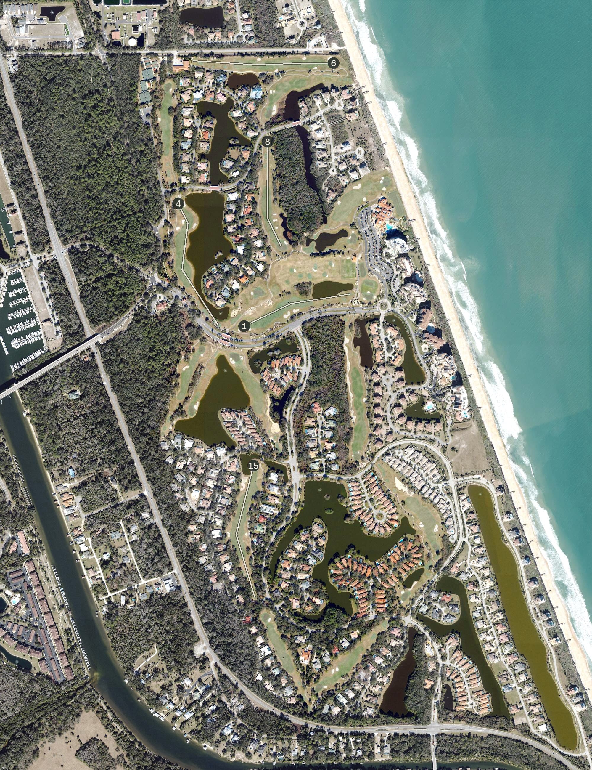 Aerial view of Hammock Dunes Links Course, FL, with its hole routing marked