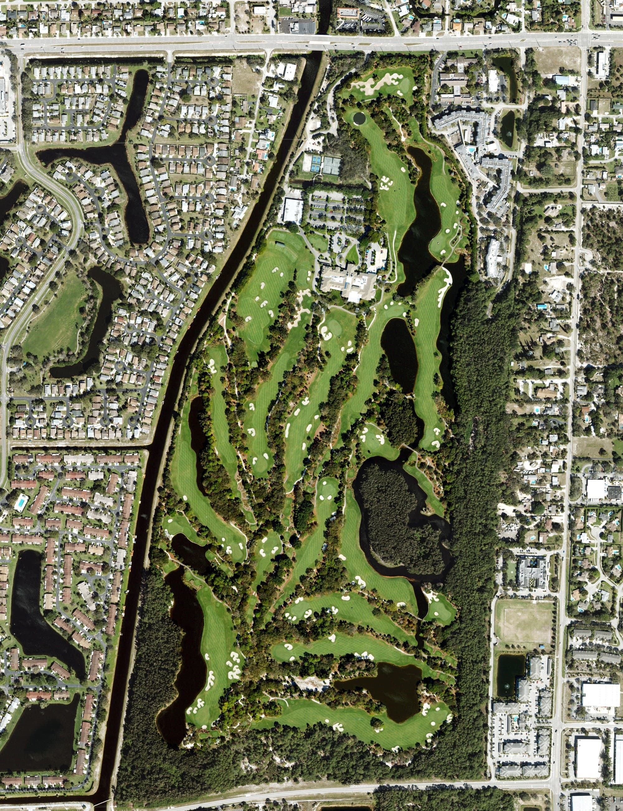 Aerial view of High Ridge Country Club, FL, with its hole routing marked
