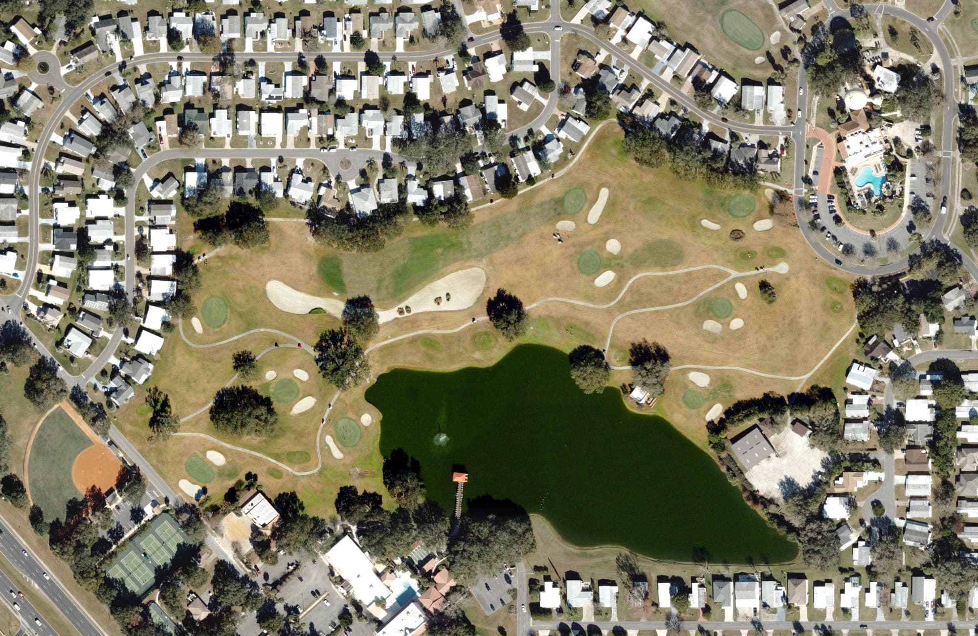 Aerial view of Hilltop Golf Course (The Villages), FL, with its hole routing marked