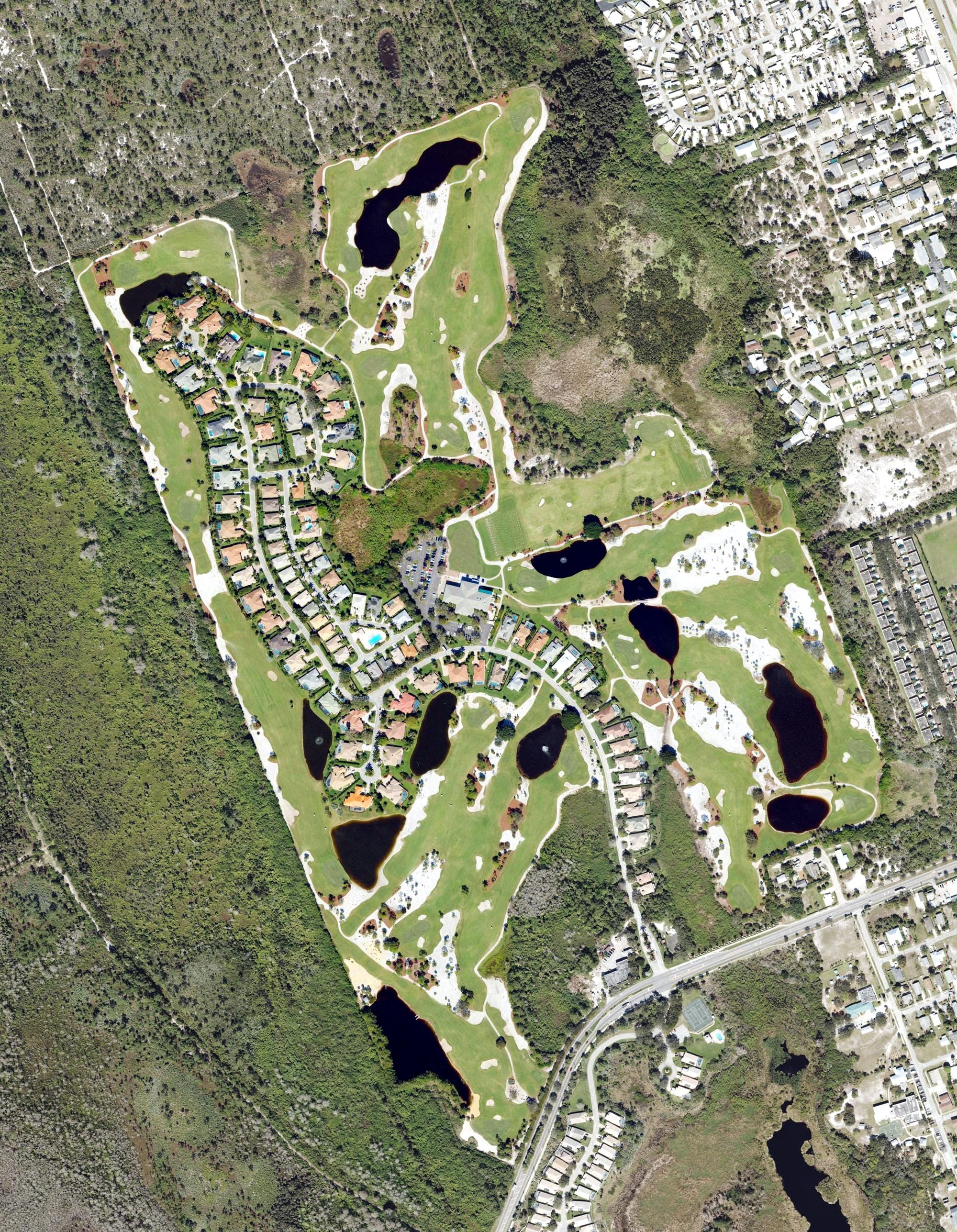 Aerial view of Hobe Sound Golf Club, FL, with its hole routing marked