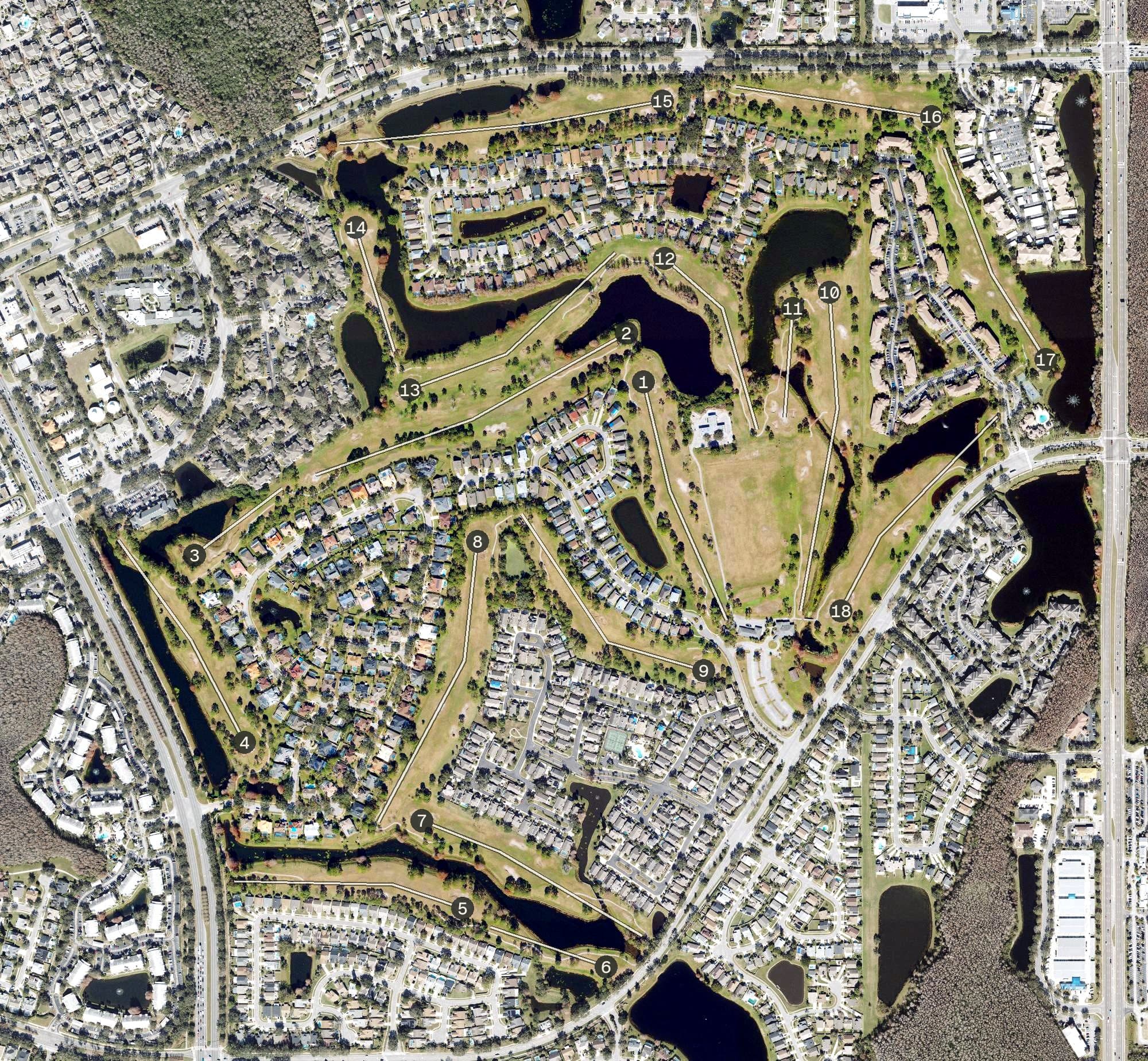 Aerial view of Hunter's Creek Golf Club, FL, with its hole routing marked