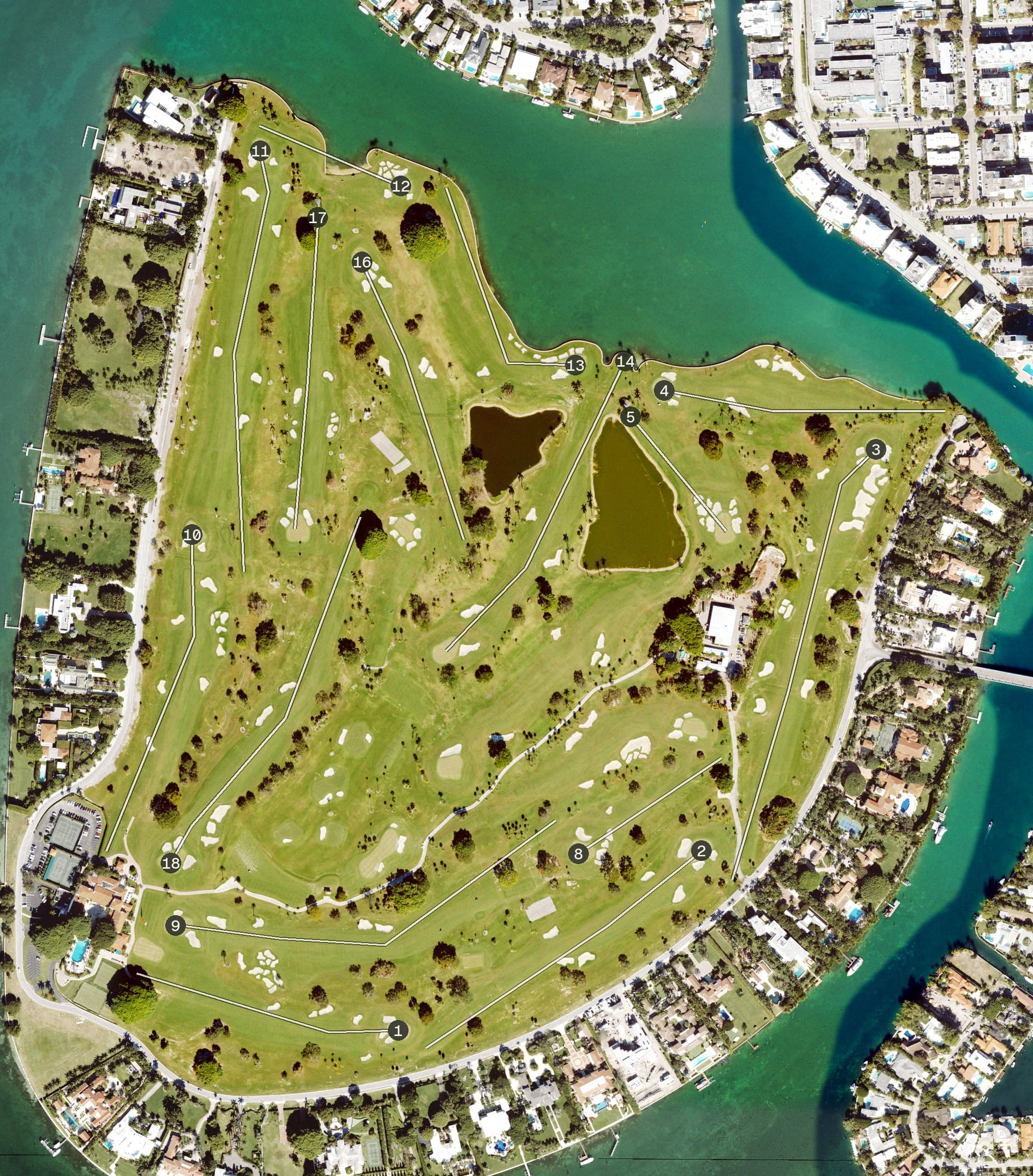 Aerial view of Indian Creek Country Club, FL, with its hole routing marked